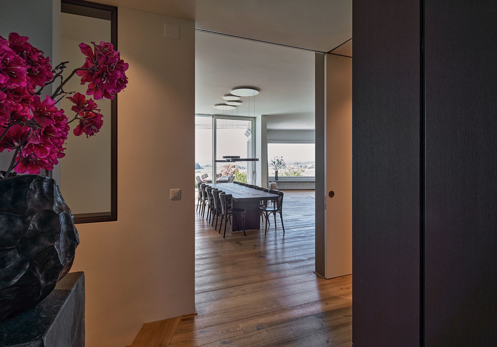 View from the entrance into the dining area – Interiors and landscape, Lufingen