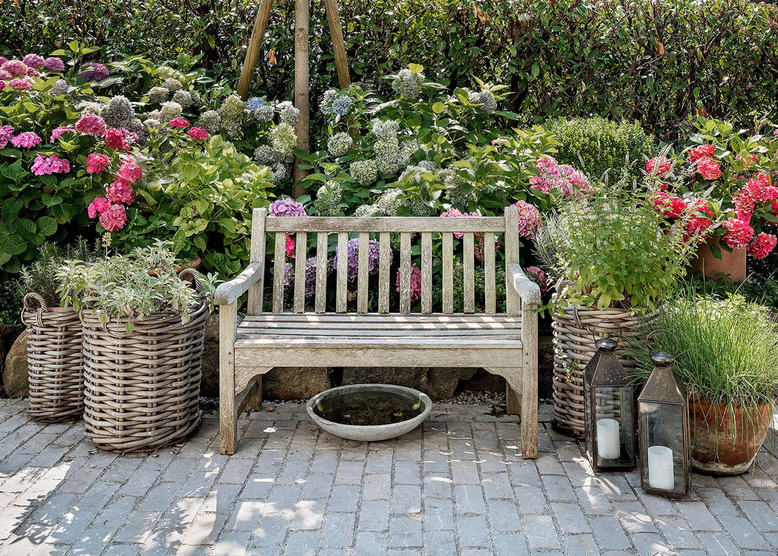 Timber bench between hydrangeas and lanterns