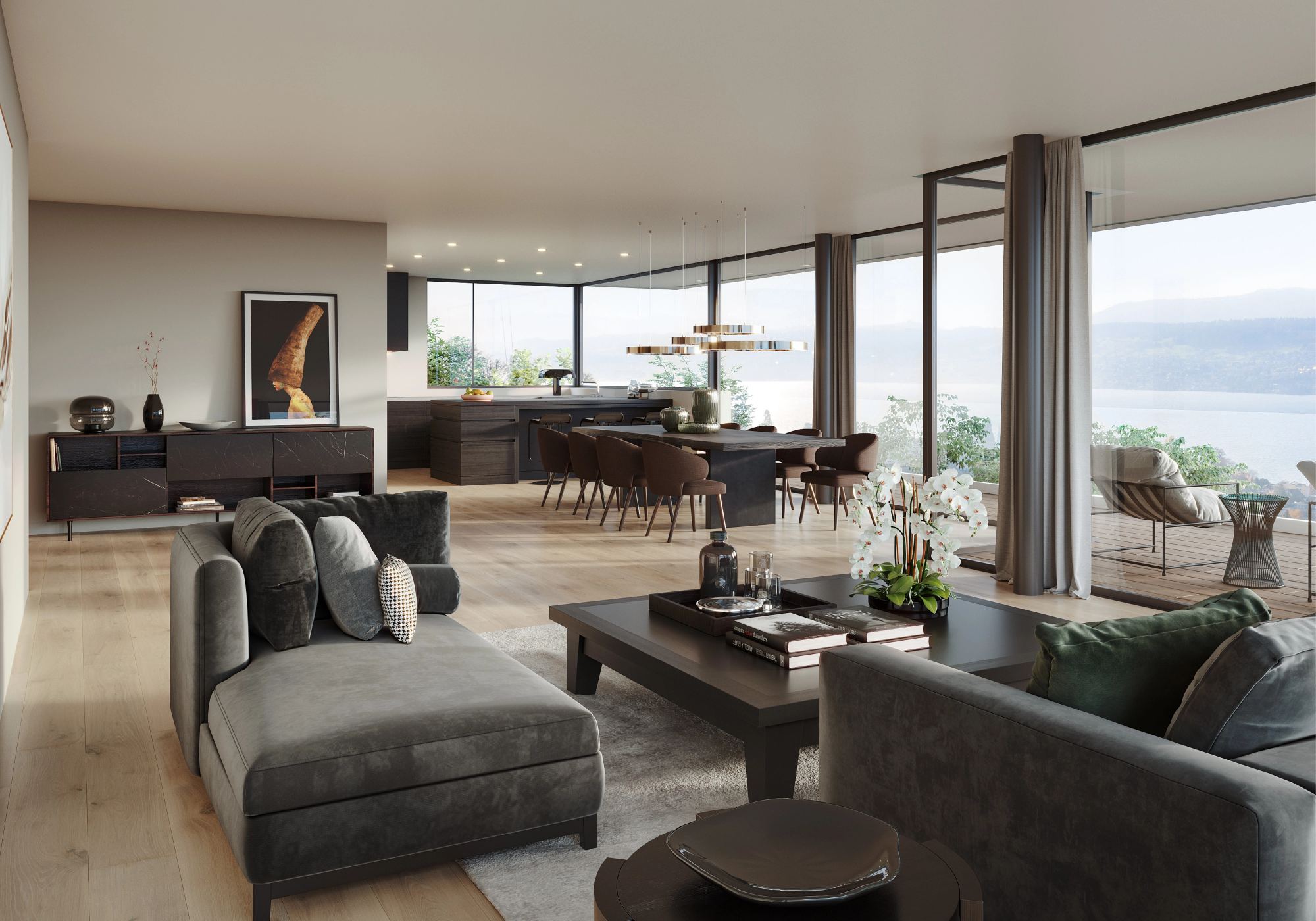 Open living and dining area with panoramic glazing – Apartment building in Küsnacht