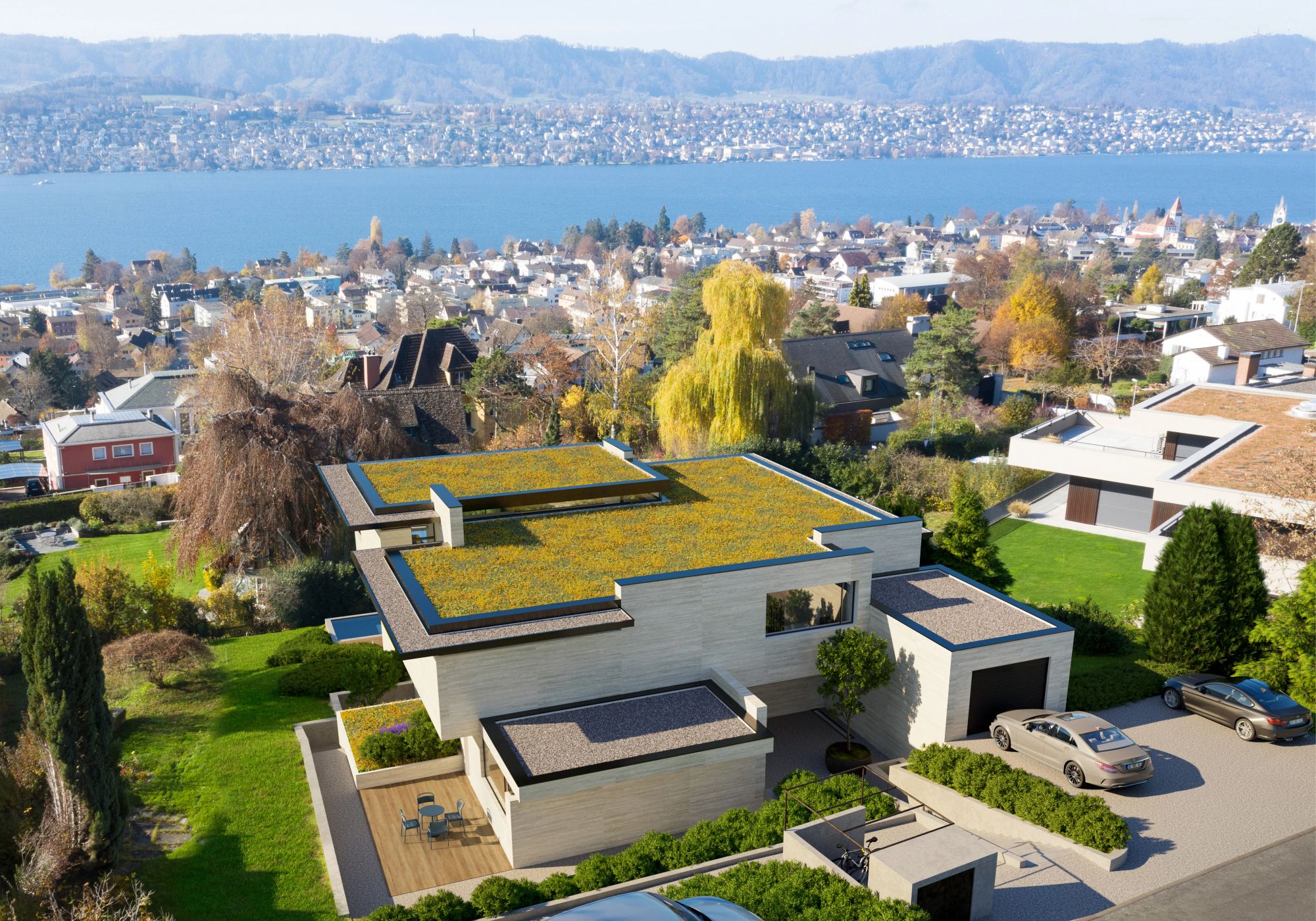 Aerial view with green roof overlooking Lake Zurich – Apartment building in Küsnacht