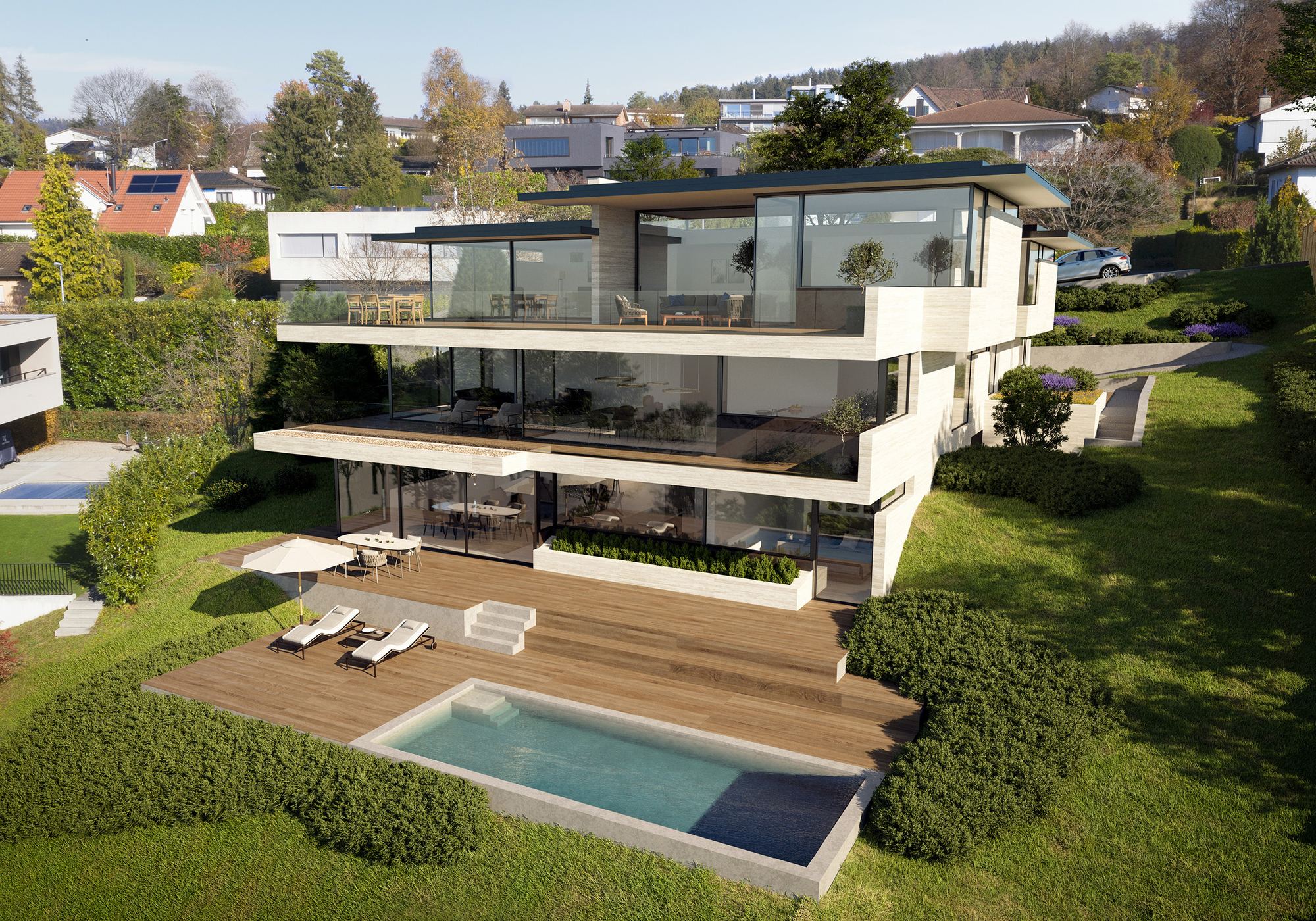 Garden side with pool and timber terrace on the slope – Apartment building in Küsnacht