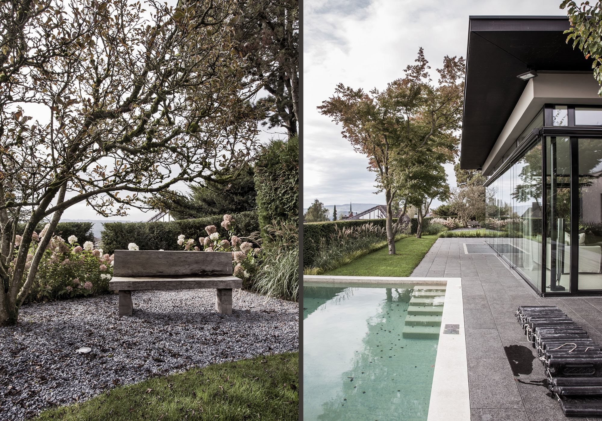 Bench beneath a tree next to the pool – Single-family house in Uitikon