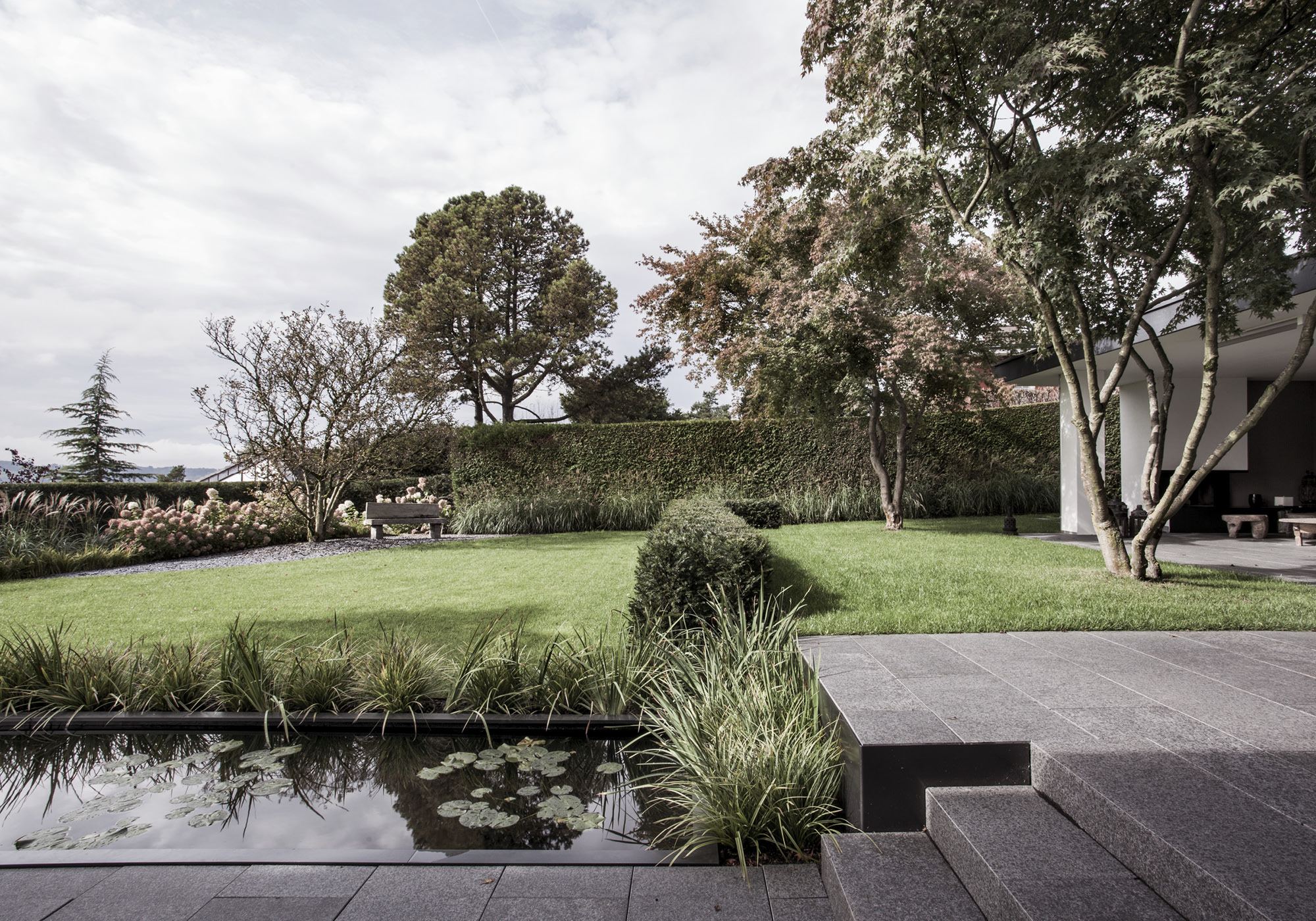 Water basin with water lilies and lawn – Single-family house in Uitikon
