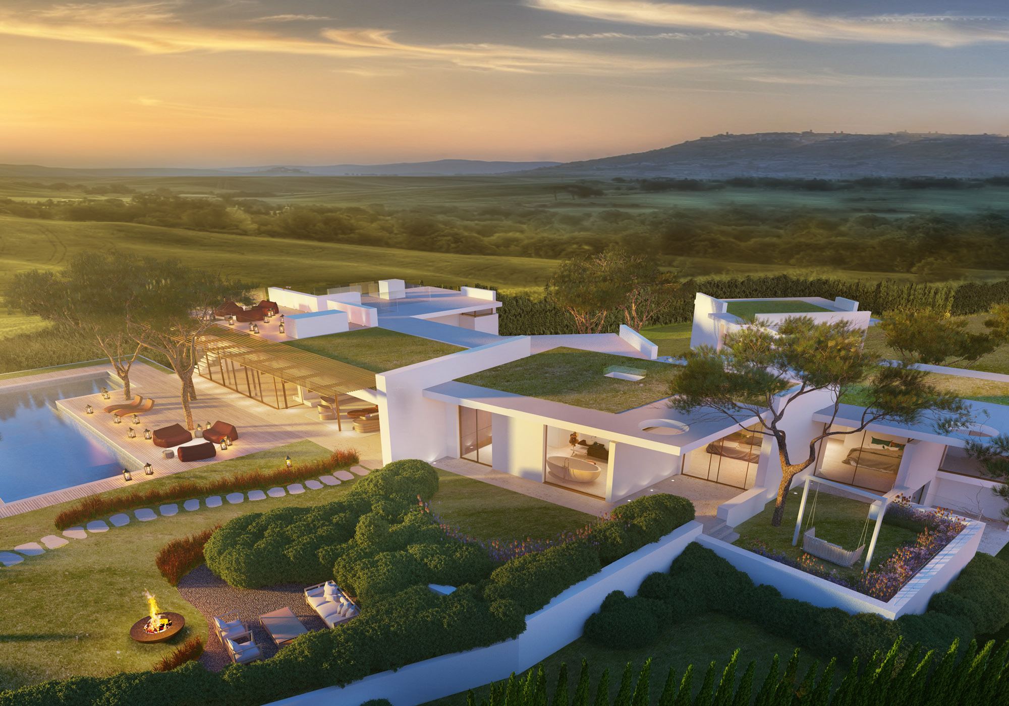 Rendering: villa with green roofs in the evening sun – Single-family house in Tuscany