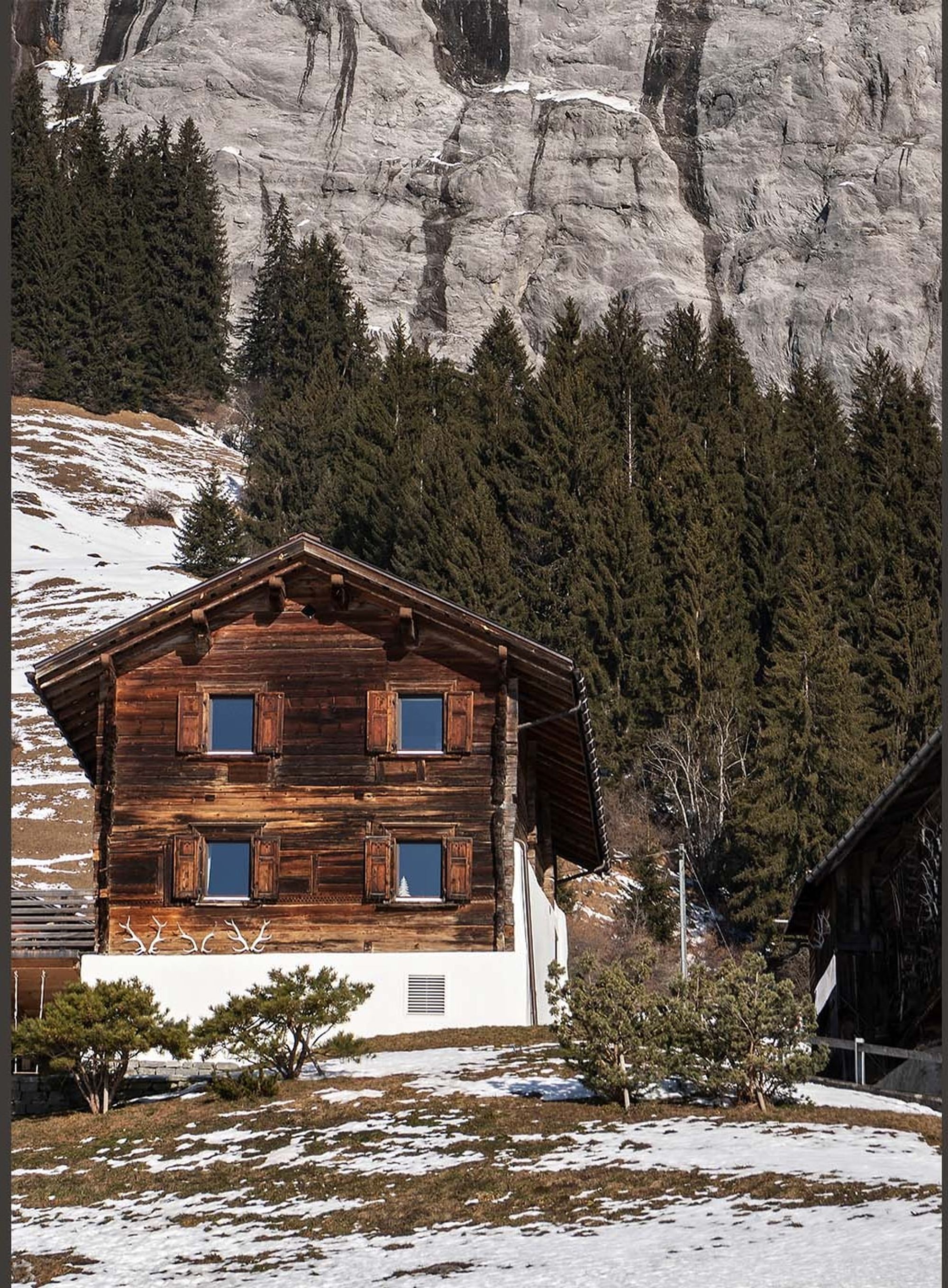 Dark timber log house in front of a rock face and forest – Historic conversion in Fidaz