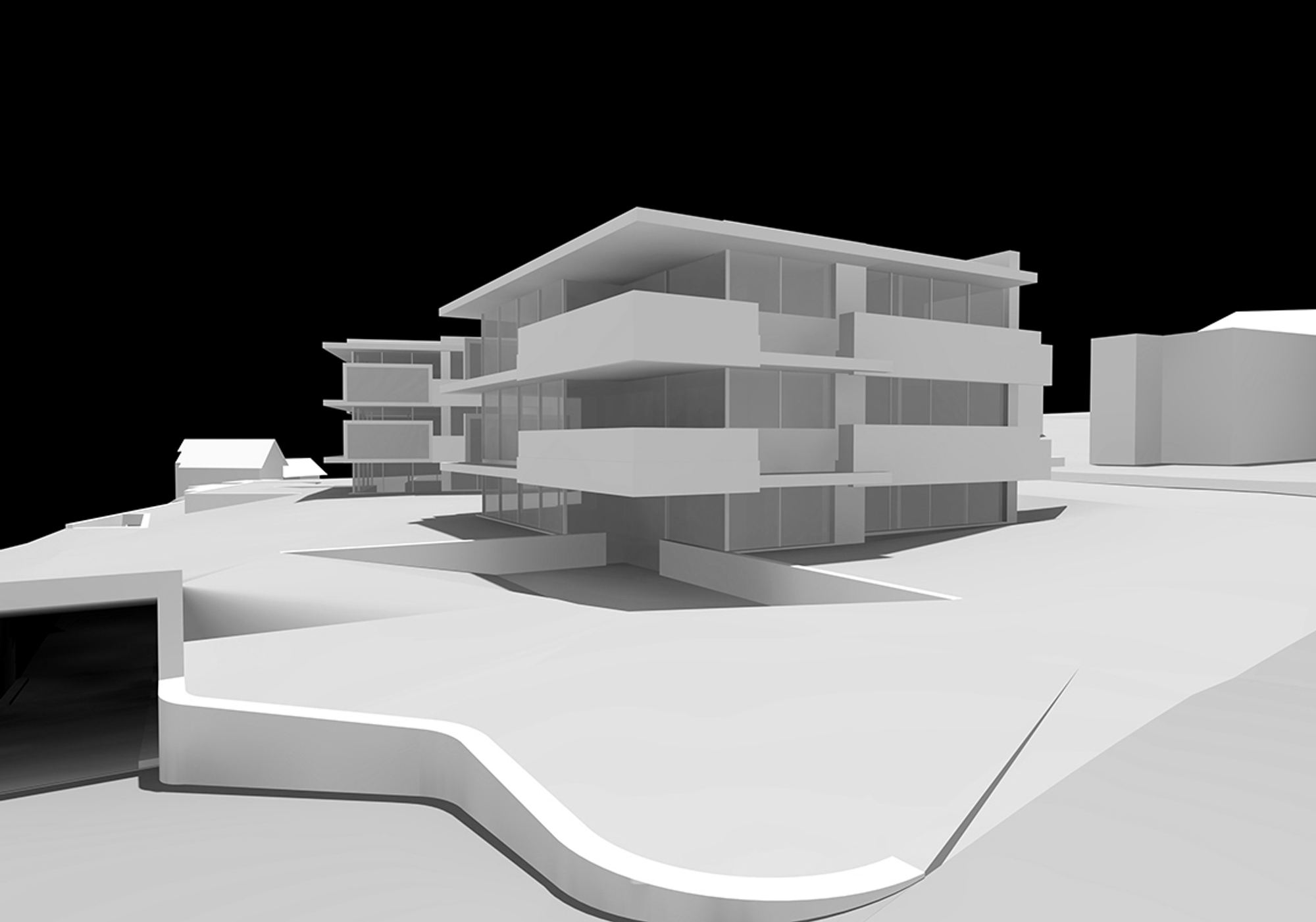 Massing study of the development as a white 3D model – Apartment building in Küsnacht
