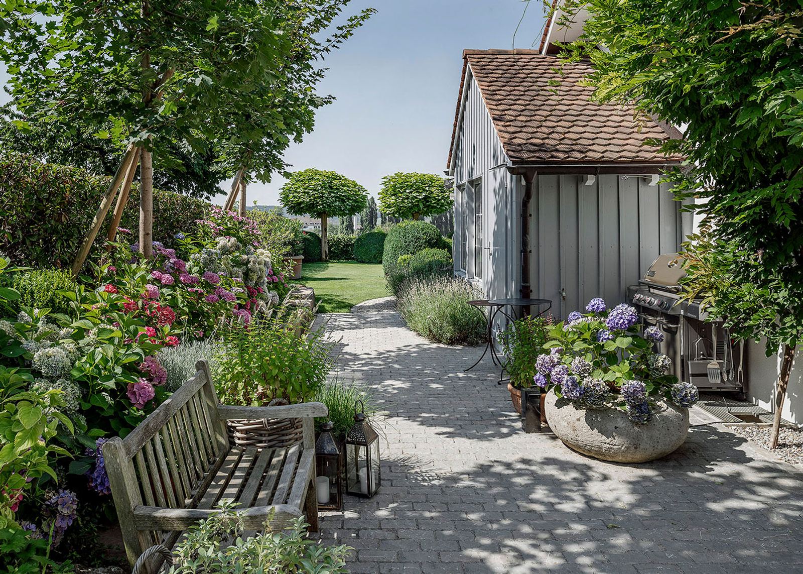 Paved garden path with hydrangeas and bench