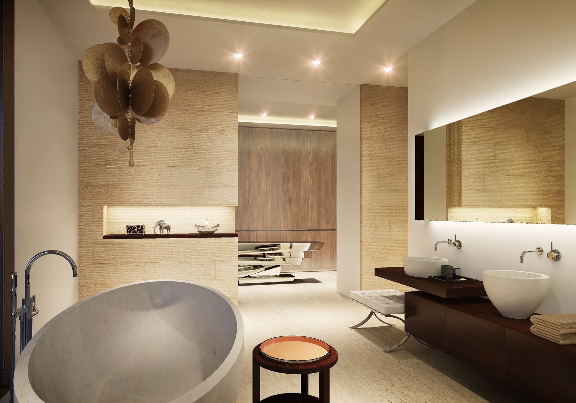 Rendering: bathroom with freestanding stone bath – Single-family house in Tuscany