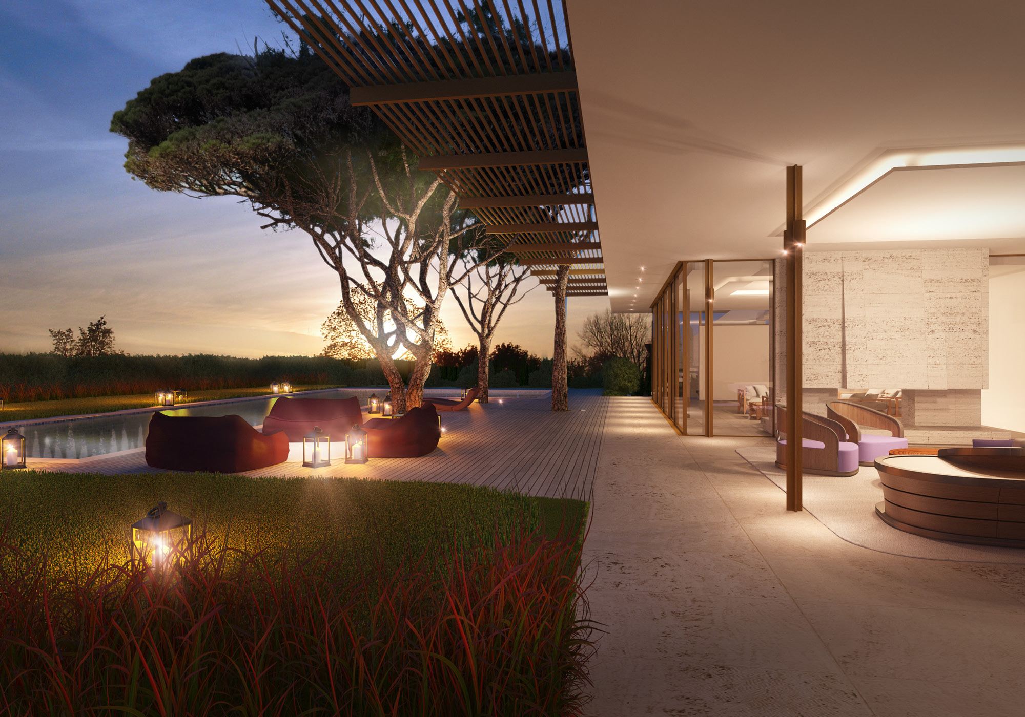 Rendering: terrace with pergola and lounge furniture in the evening – Single-family house in Tuscany