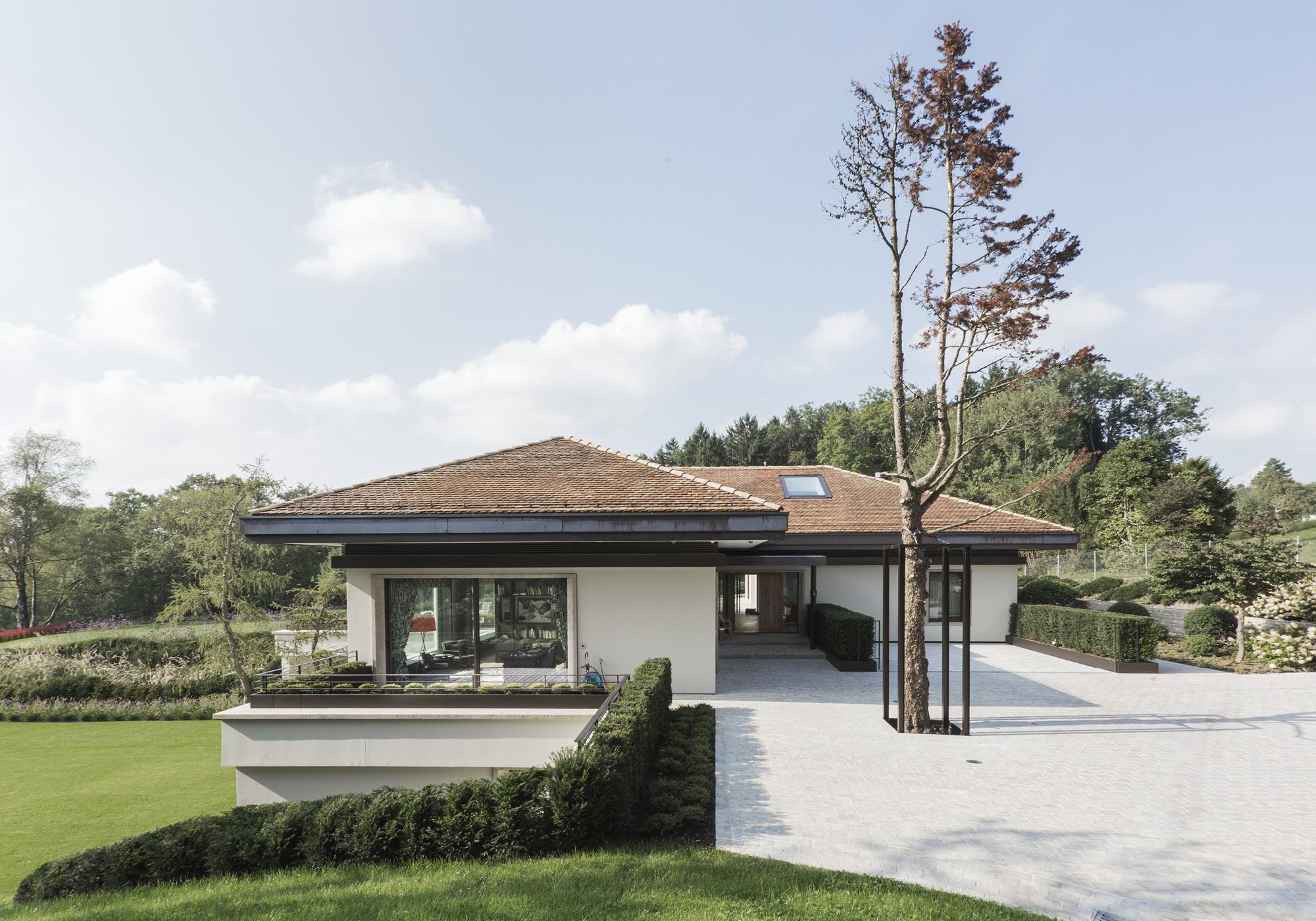 Entrance side with hipped roof and single tree – Single-family house in Herrliberg