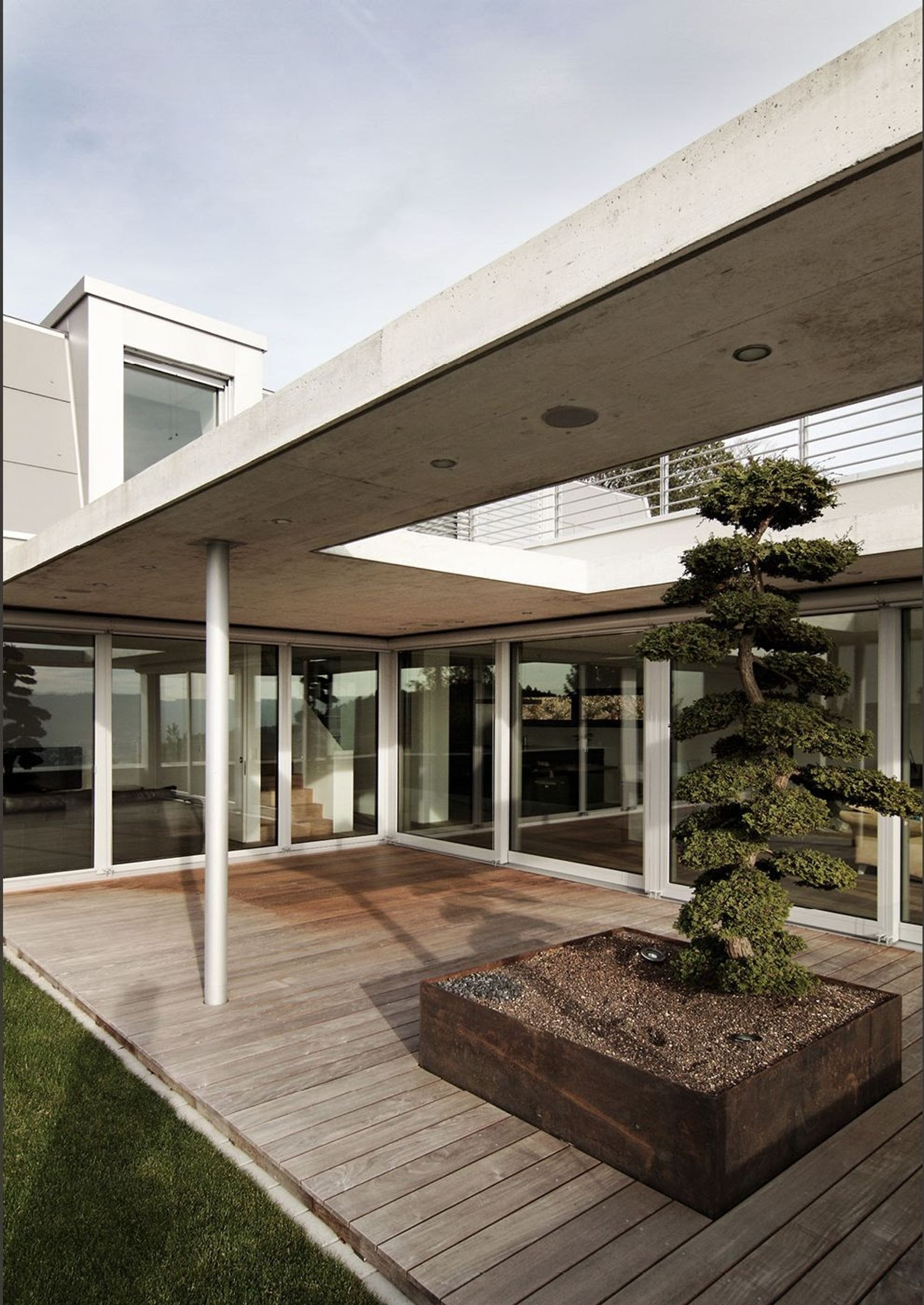 Topiary in a timber planter under the canopy – Single-family house in Boppelsen