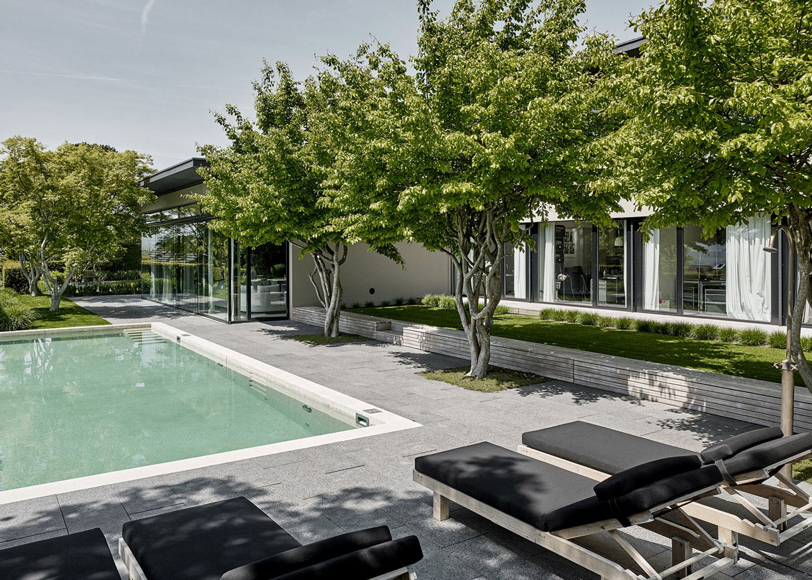 Pool between trees with loungers
