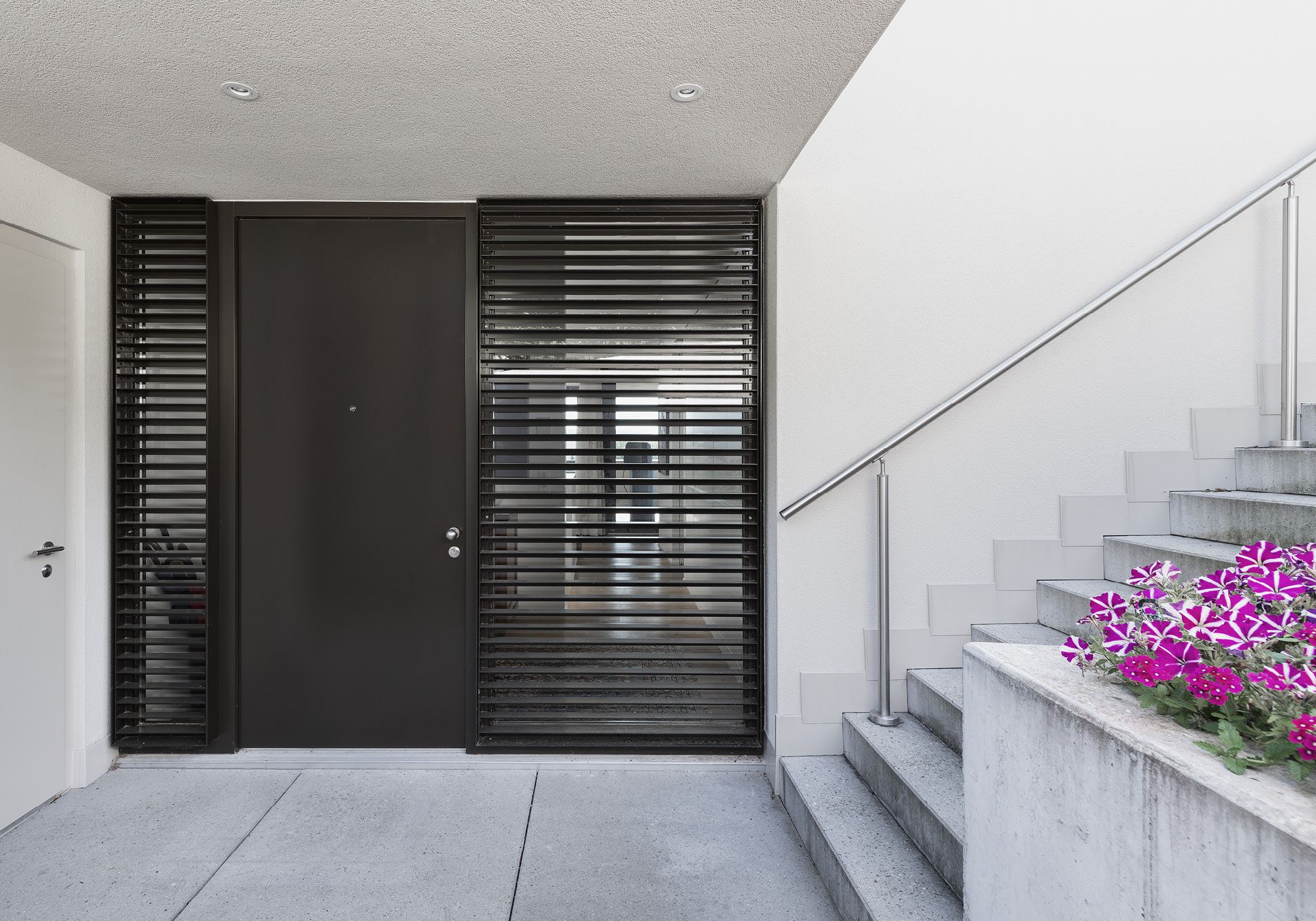 Entrance with dark door and sliding shutters – Single-family house in Uitikon