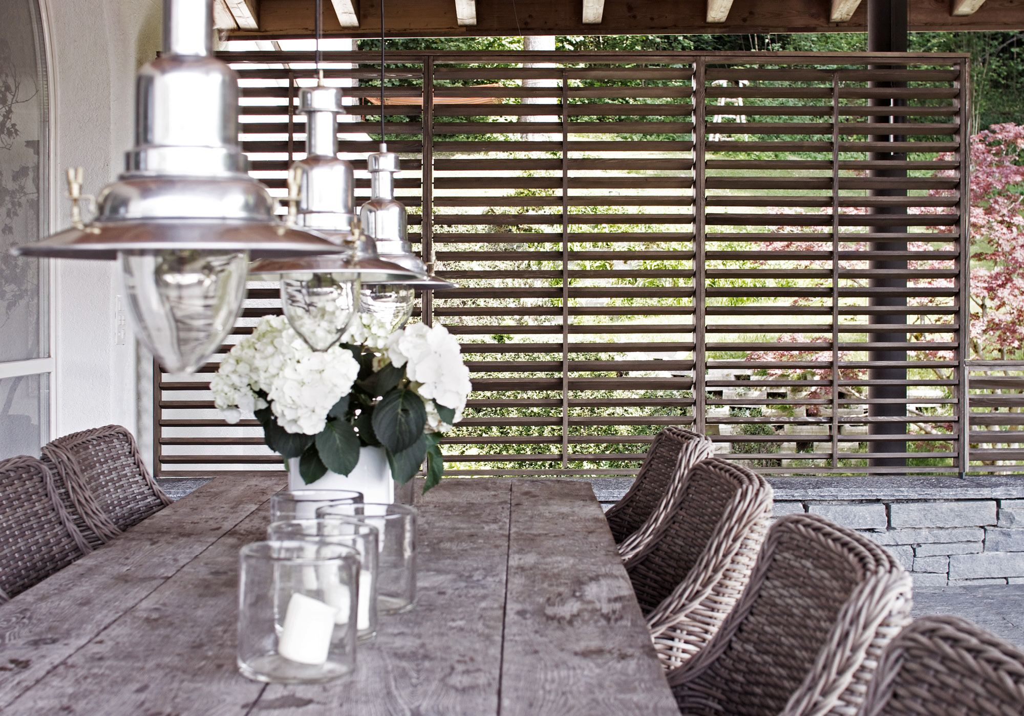 Timber table with wicker chairs outdoors – Interiors and landscape, Stallikon