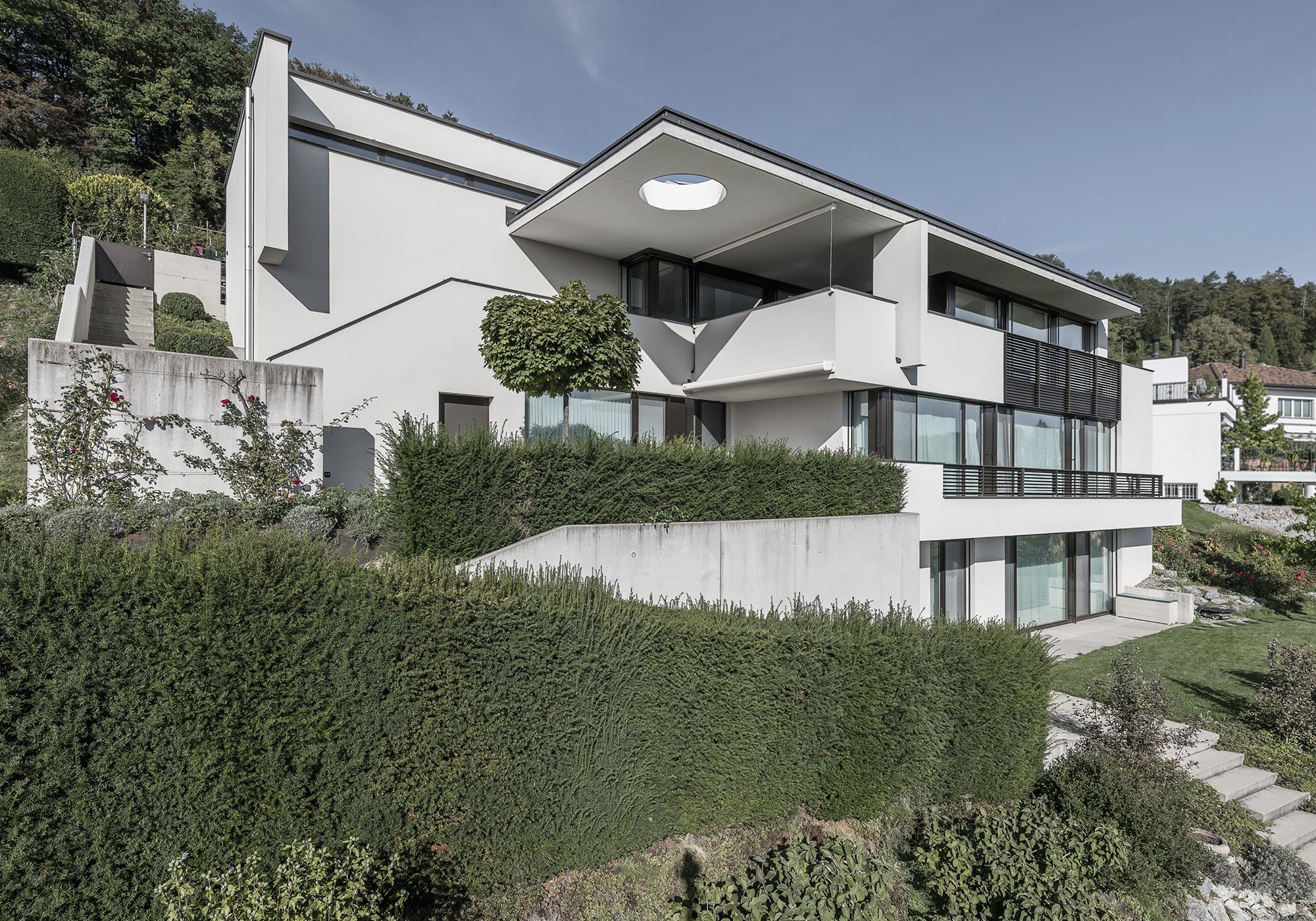 Stepped facade with hedges and garden steps – Single-family house in Uitikon