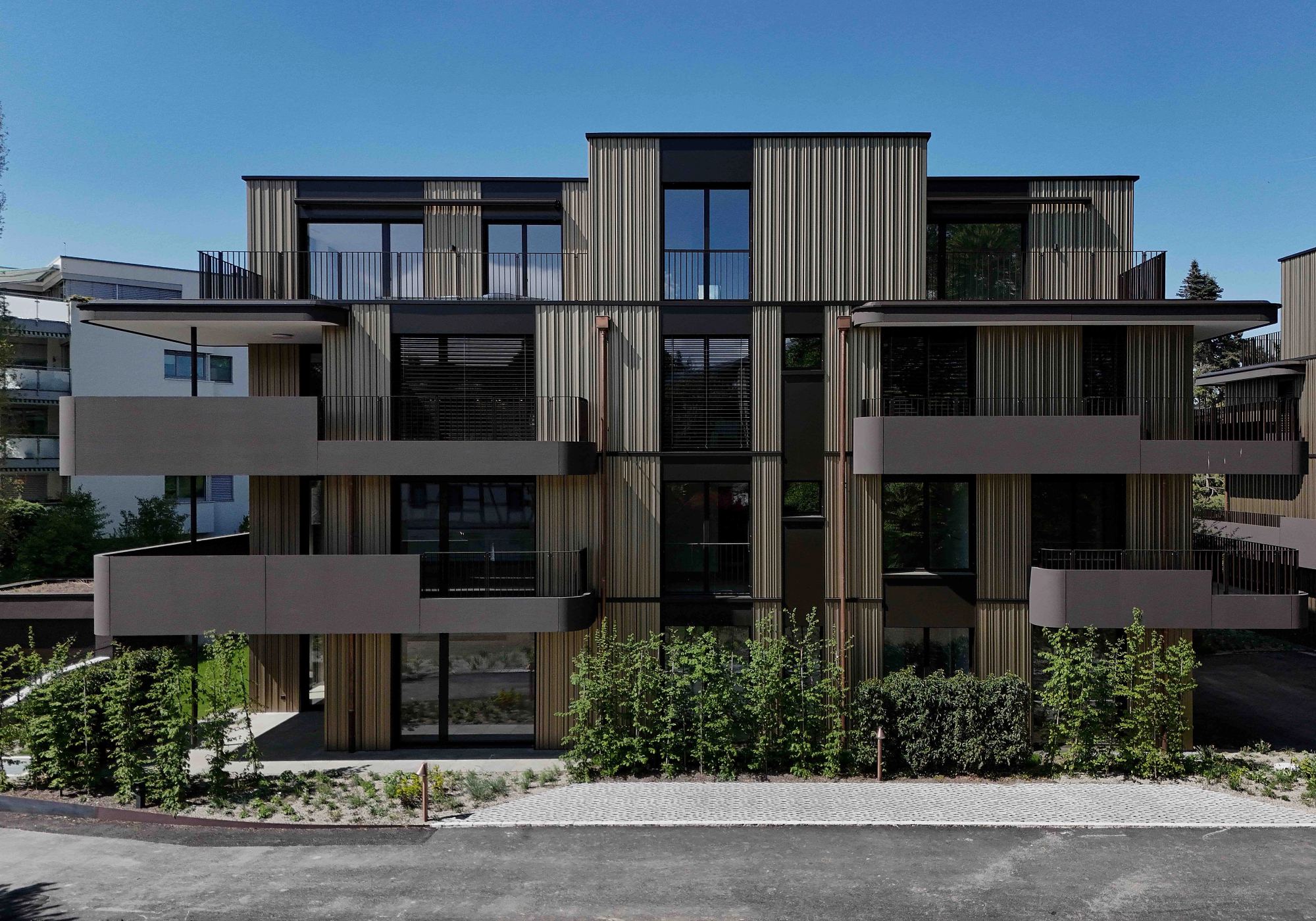Street facade with vertical timber cladding – Apartment building