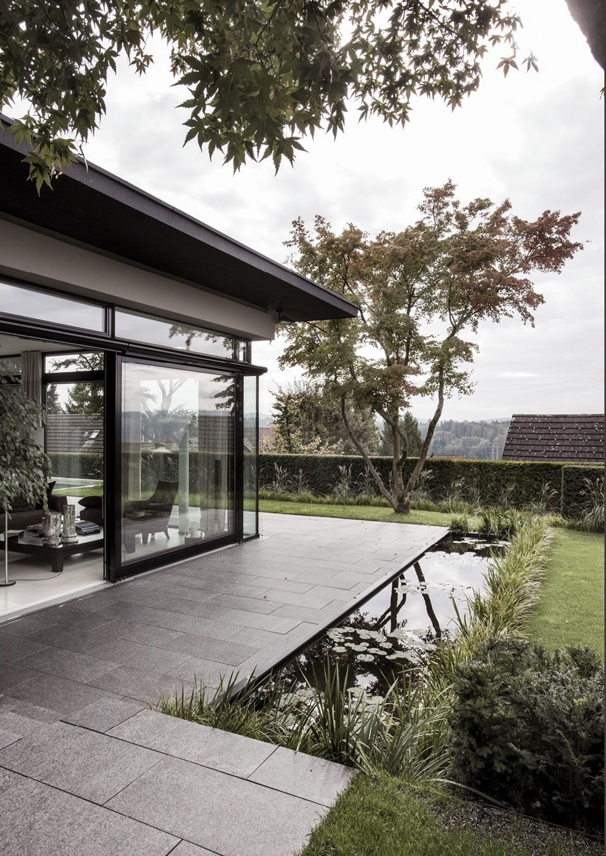 Walkway over the water basin by the glass facade – Single-family house in Uitikon