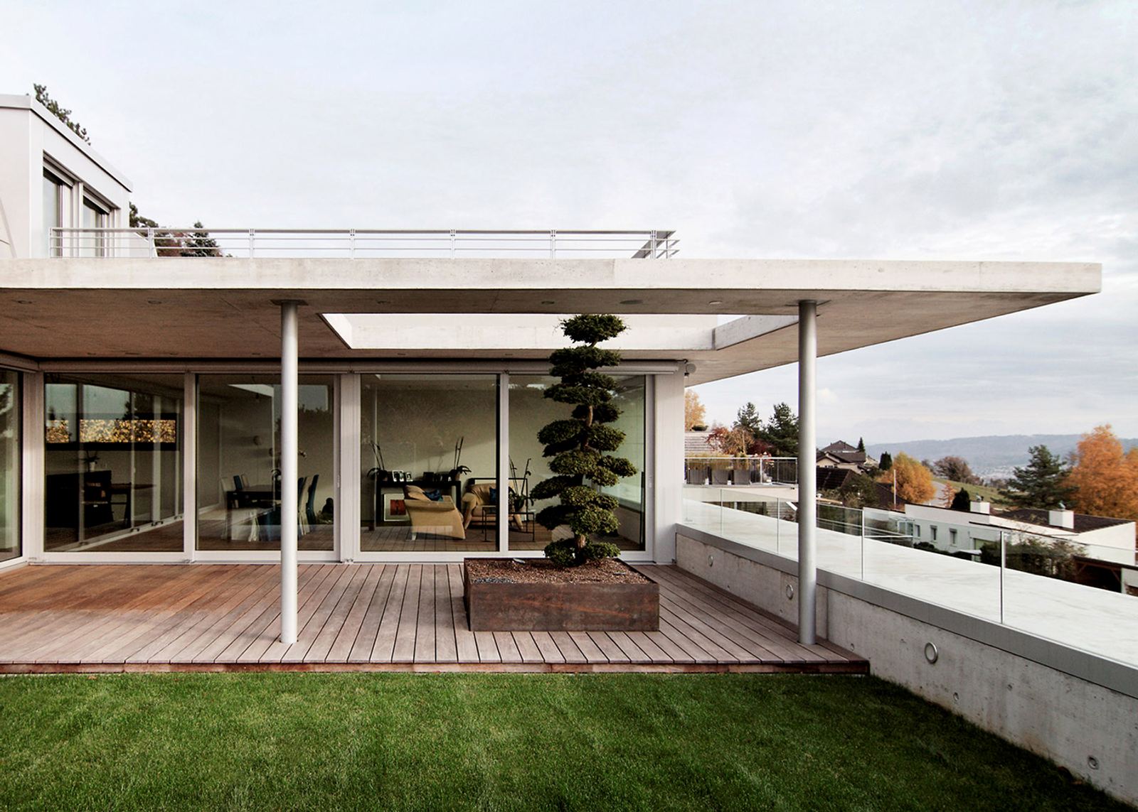 Timber terrace with topiary under the canopy