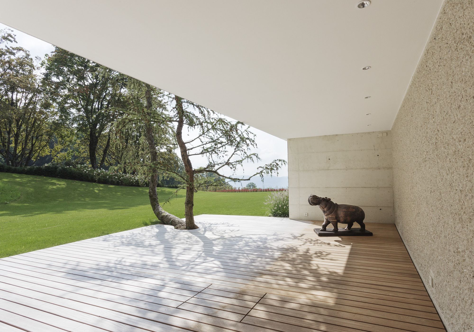 Covered seating area with timber floor and tree – Single-family house in Herrliberg