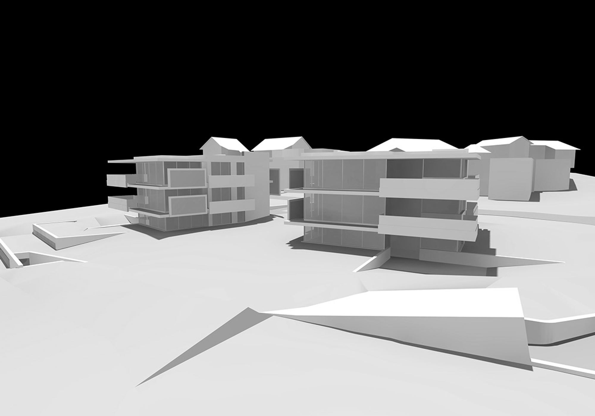 Massing study showing the staggered building volumes – Apartment building in Küsnacht