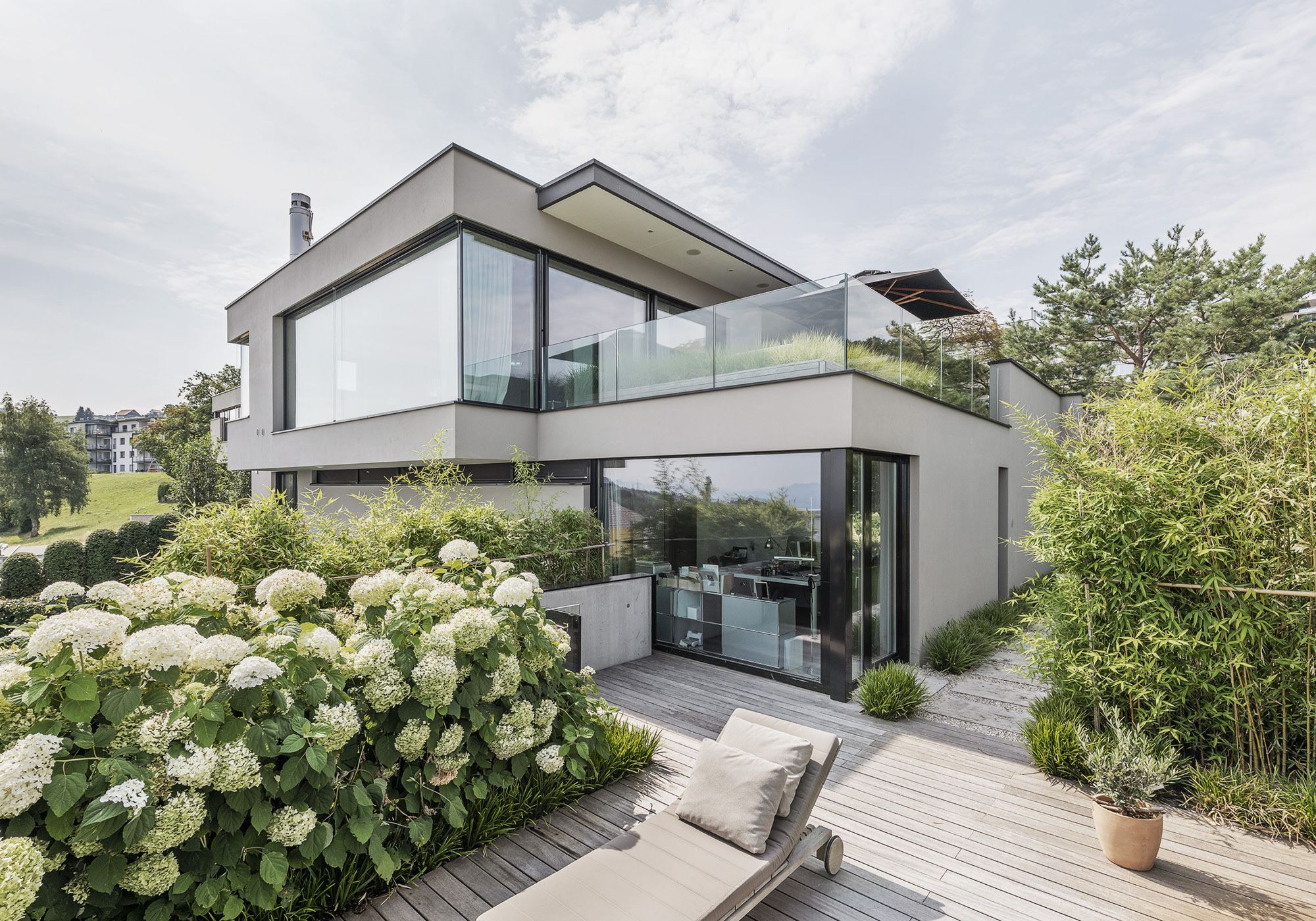 Hydrangeas and timber deck in front of the glass facade – Single-family house in Schindellegi