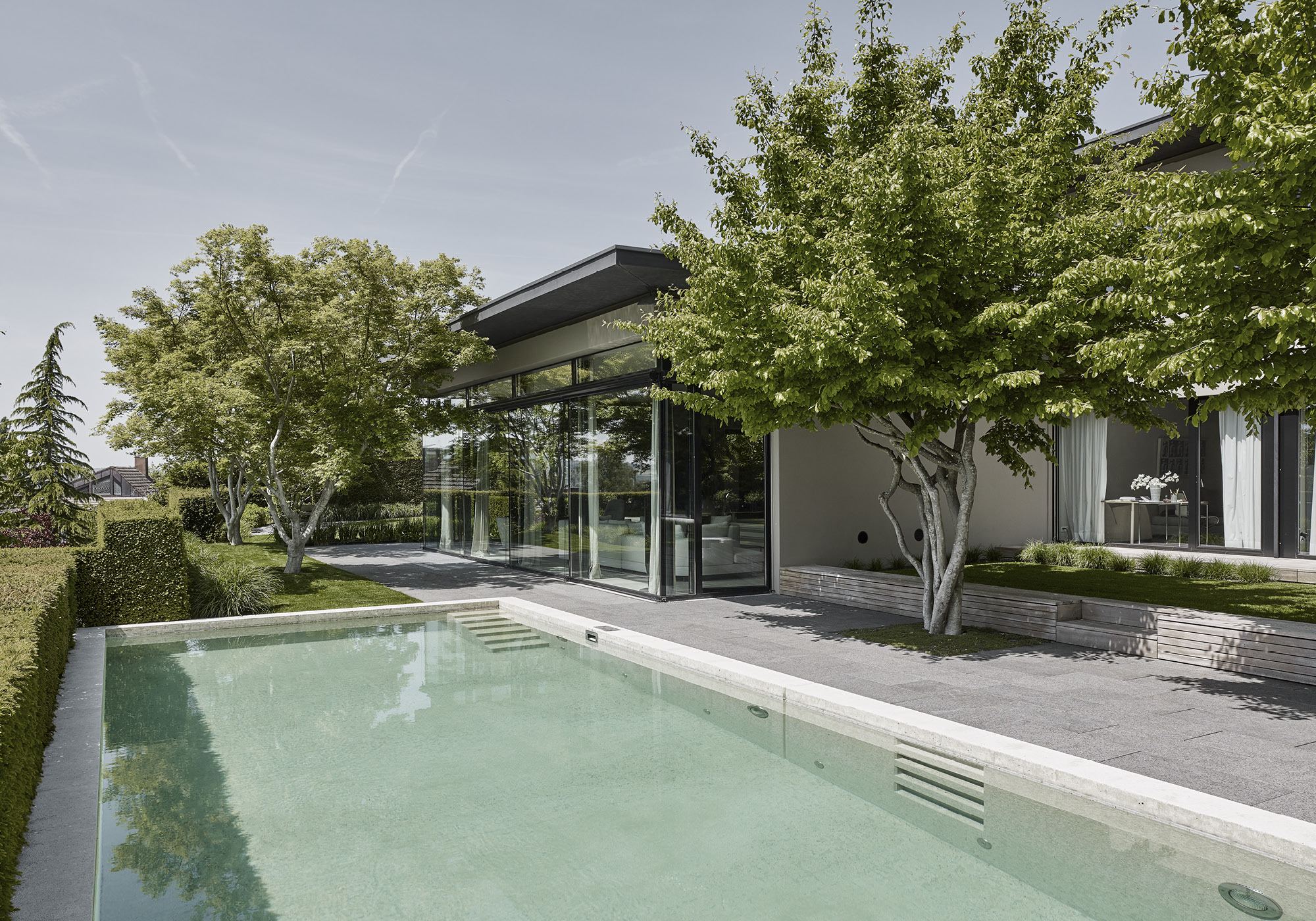 Pool between trees in front of the glass front – Single-family house in Uitikon