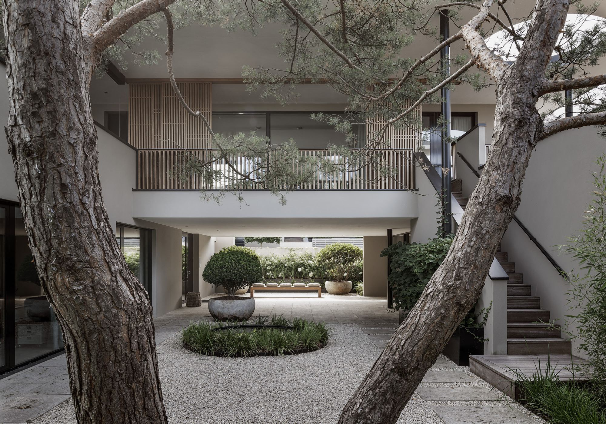 Courtyard with pine, staircase and gravel bed – Single-family house in Schindellegi