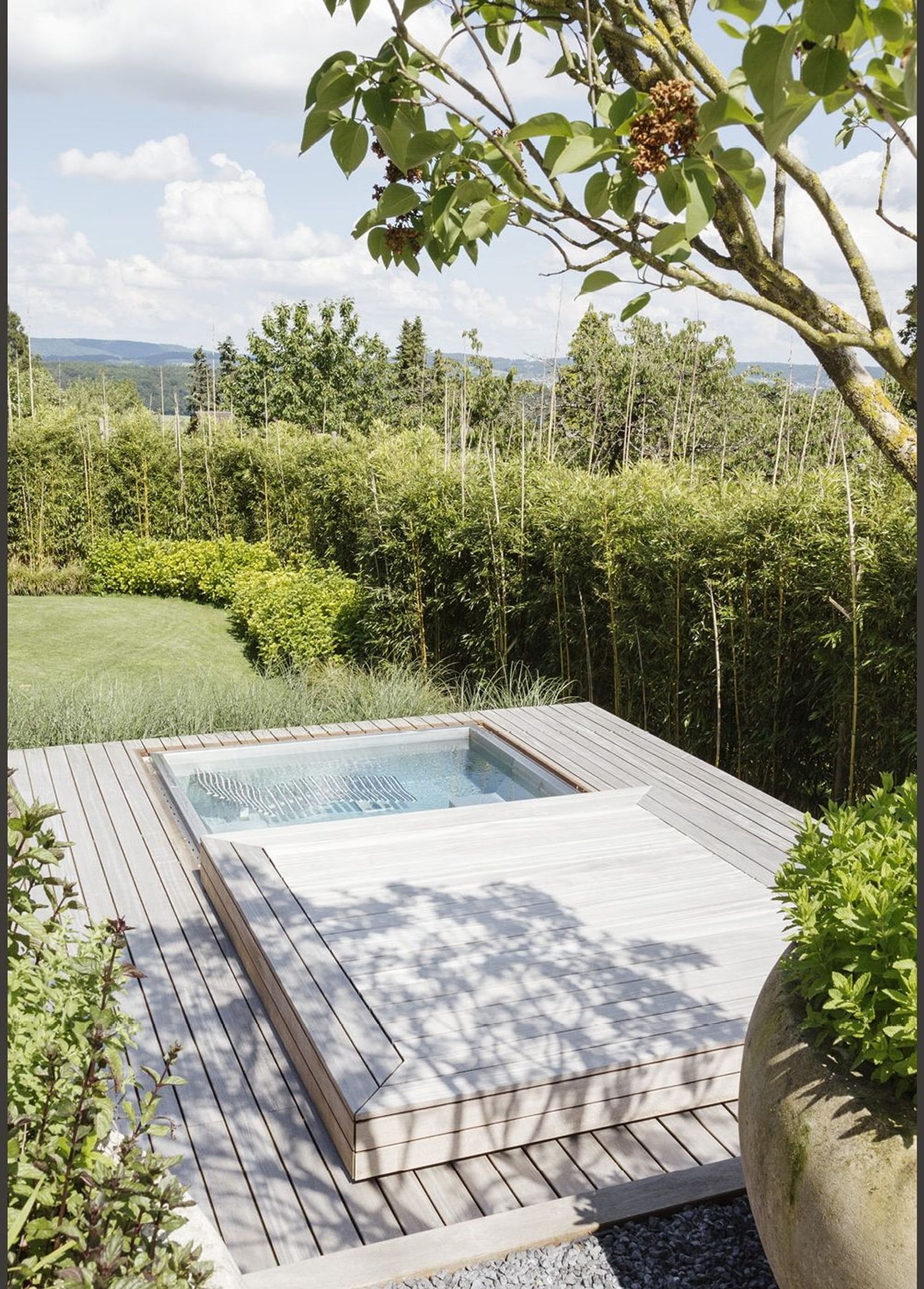 Small pool set into the timber deck by the hedge – Single-family house in Neerach