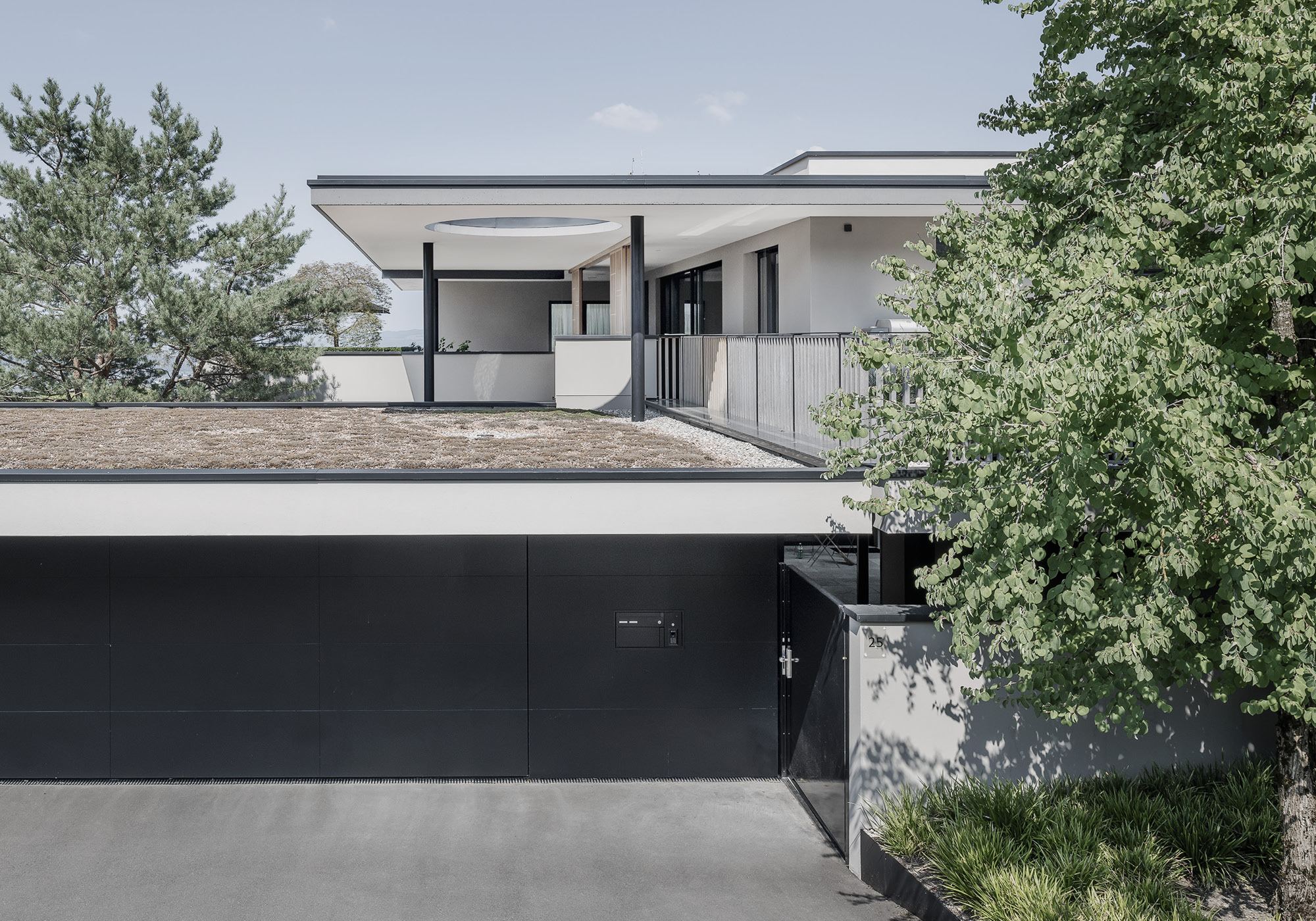 Garage with dark door and roof garden – Single-family house in Schindellegi
