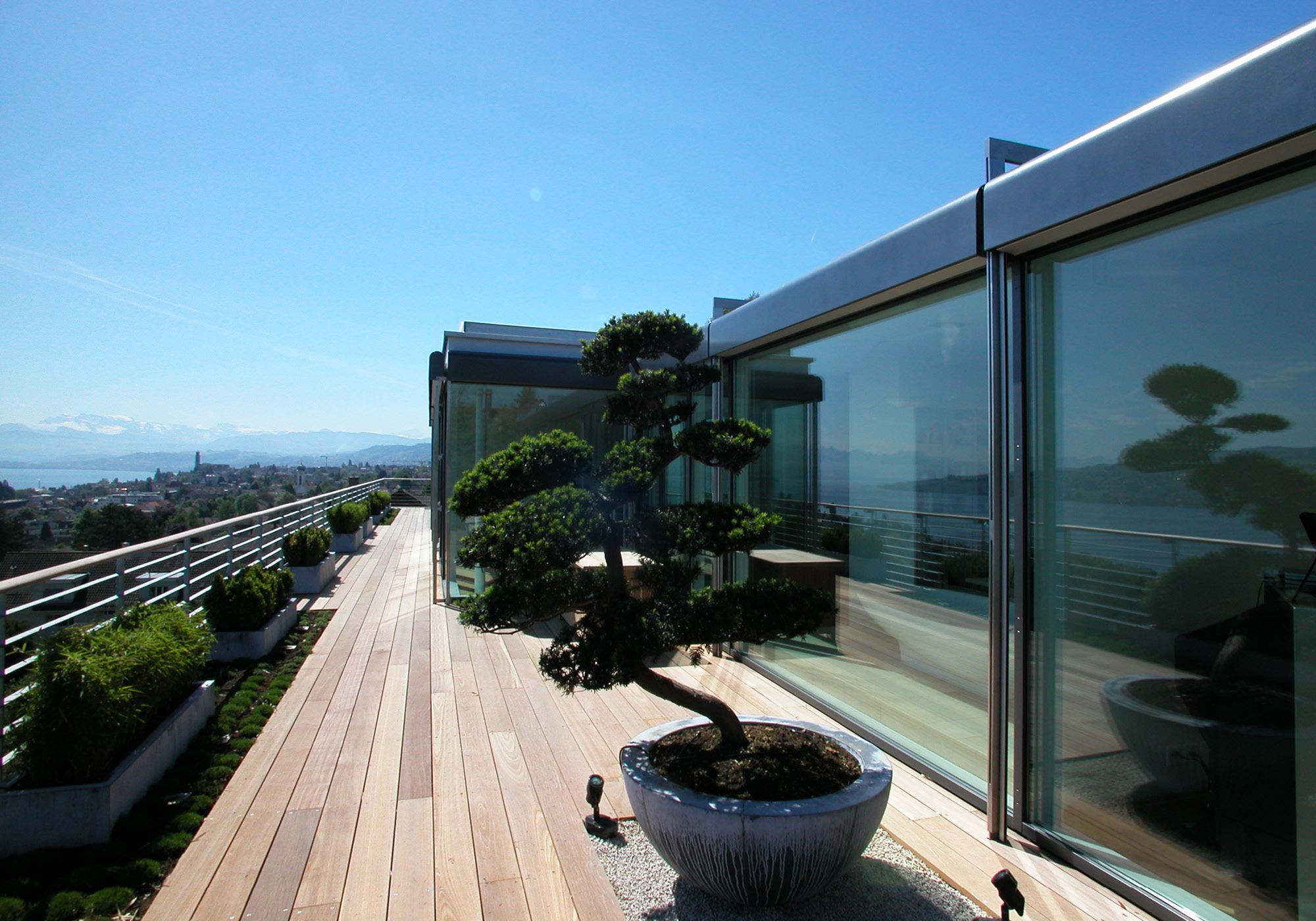 Roof terrace with bonsai pine and lake view – Interiors and landscape, Rüschlikon
