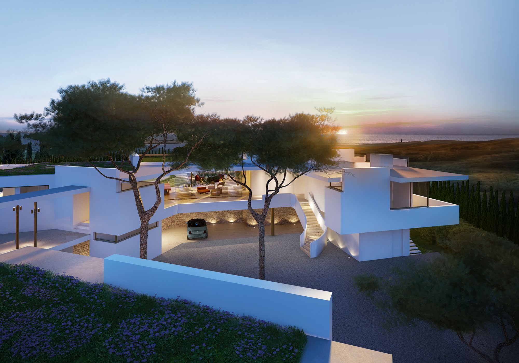 Rendering: driveway and front with pine trees at dusk – Single-family house in Tuscany