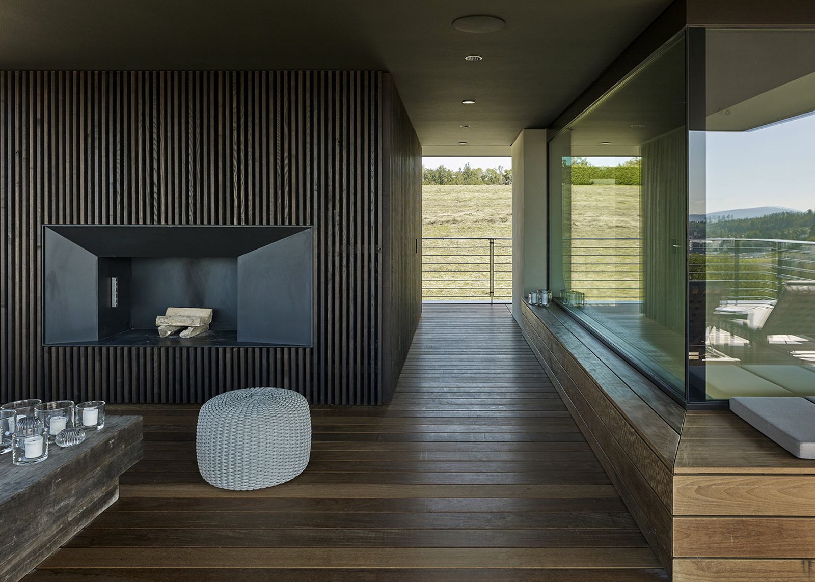 Fireplace in a dark timber wall