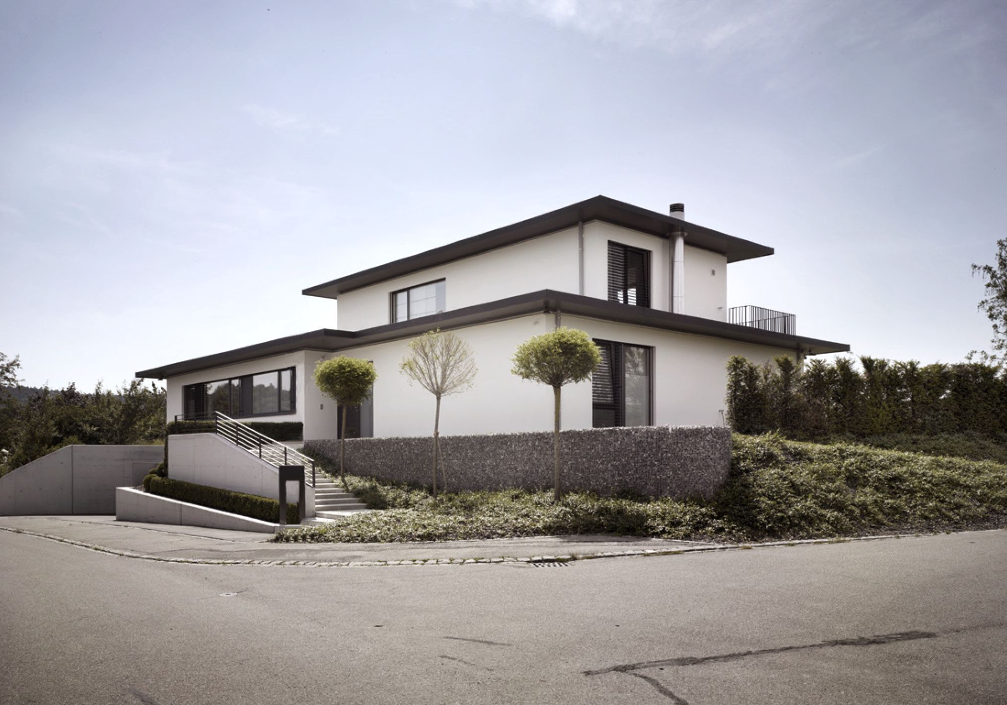Street view with globe trees and retaining wall – Single-family house in Russikon