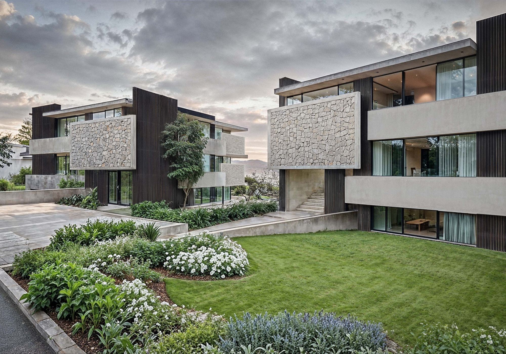 Entrance side with natural stone cladding and planted front garden – Apartment building in Küsnacht