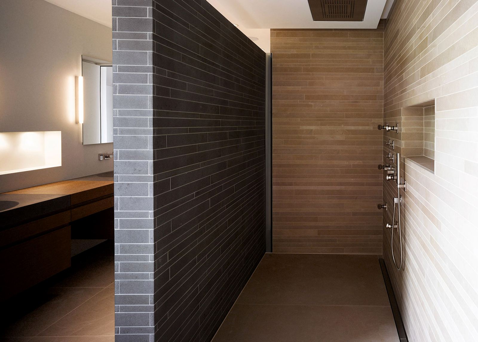 Shower with timber and stone walls
