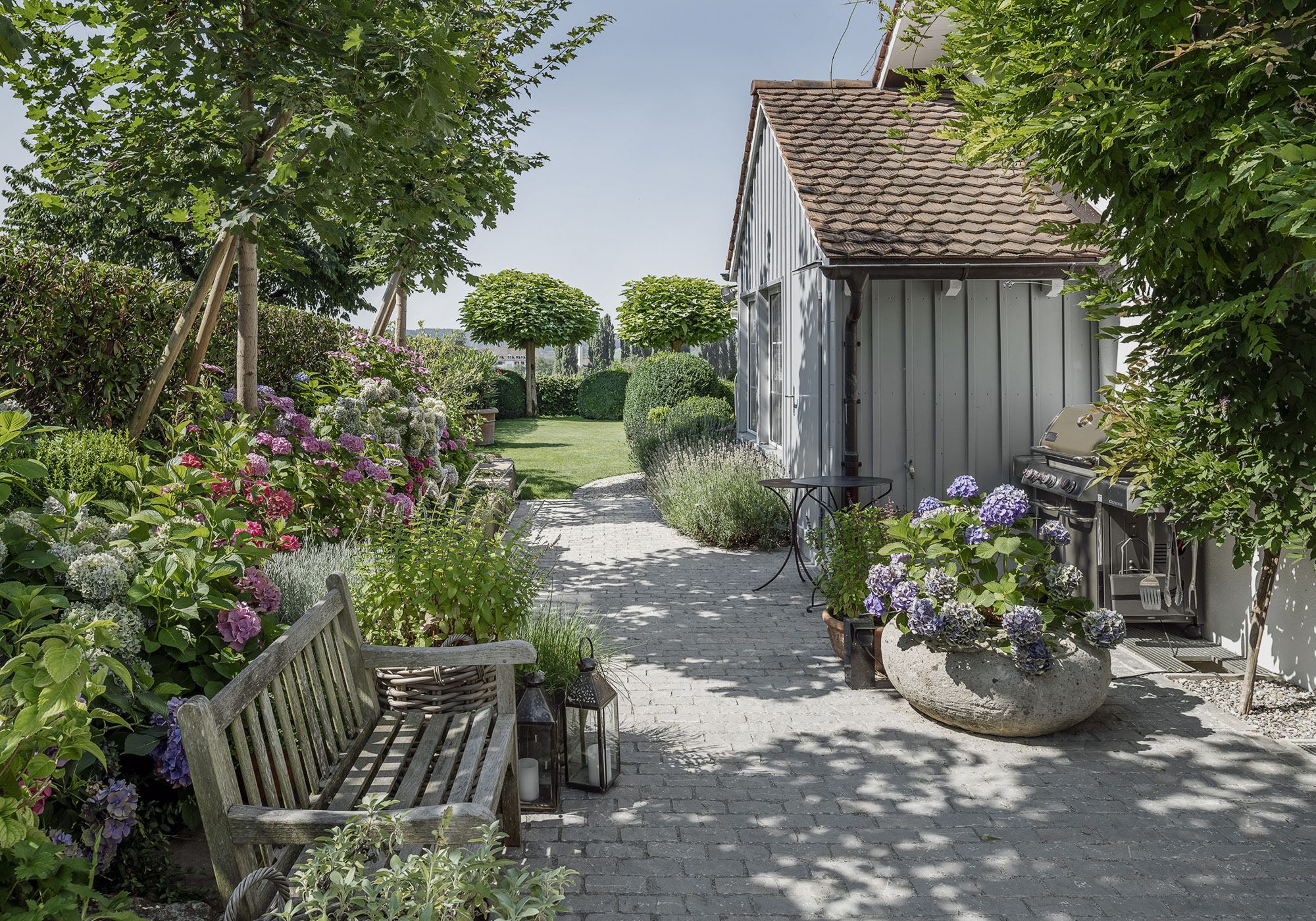 Garden path with hydrangeas and timber bench – Single-family house in Uitikon