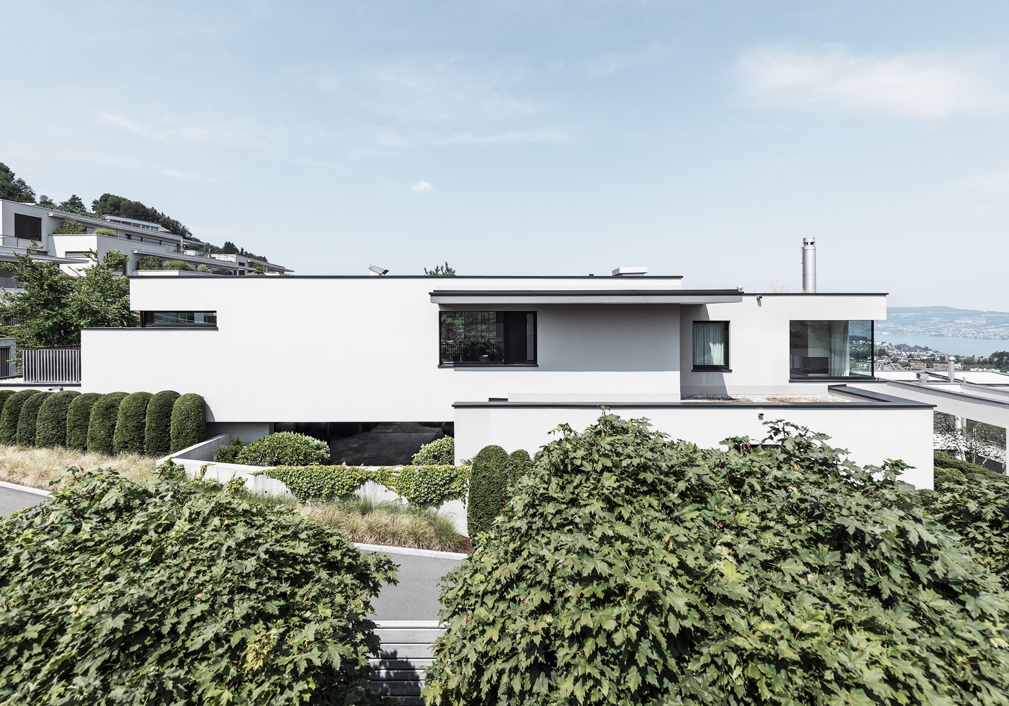 Flat-roofed house with hedges and view to the lake – Single-family house in Schindellegi