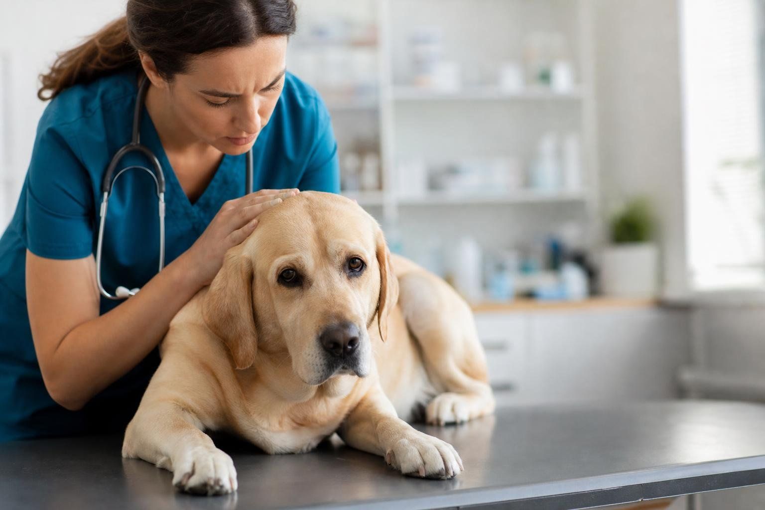 Veterinarijos gydytoja apžiūri ant stalo gulintį labradoro retriverį klinikoje