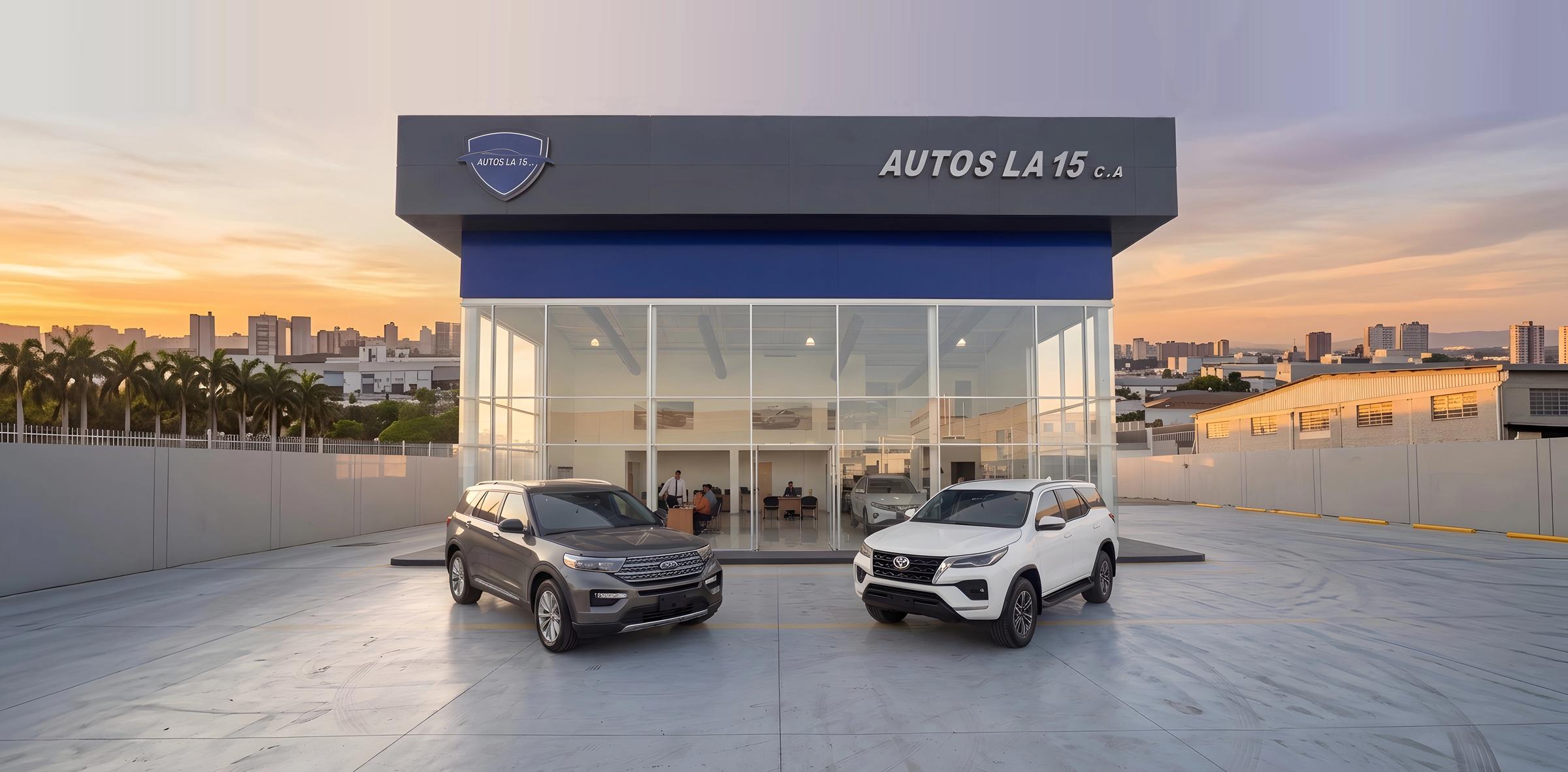 Fachada de Autos La 15 con vehículos en exhibición al atardecer