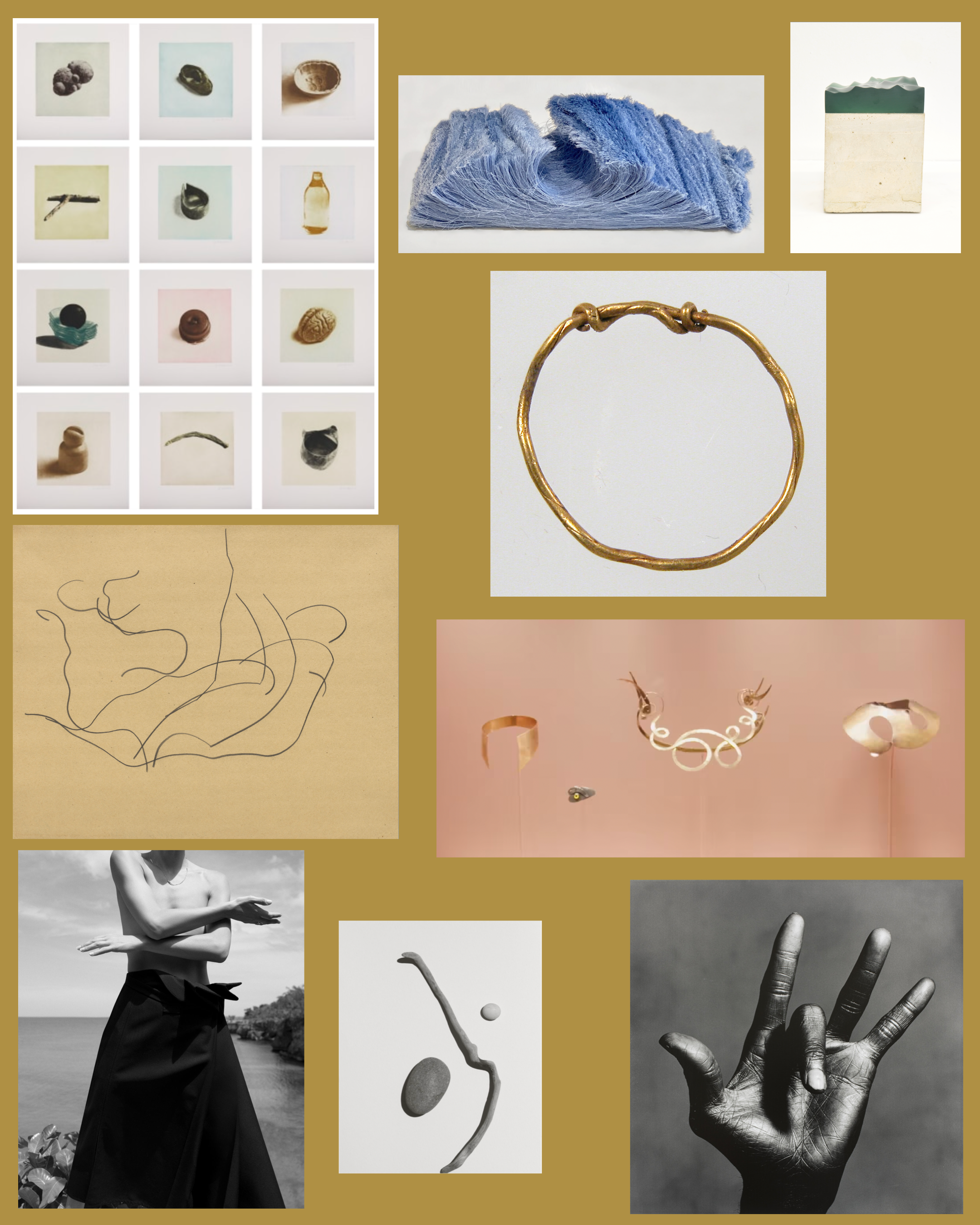 Design references clockwise from top left:
Rachel Whiteread, 12 Objects, 12 Etchings, 2010.
Sheila Hicks, I Wish I Were a Wave, 2019-2020.
Alex Weinstein, Sculpture, 2014.
Finger Ring, 1st-4th Century, Frankish Jewelry: The Body Transformed, MET Museum Exhibit, 2019.
Irving Penn, Hands of Miles Davis, 1986.
Thomas Slack, Still life, Model.
Ellsworth Kelly, Automatic Drawing: Pine Branches VI, 1950.