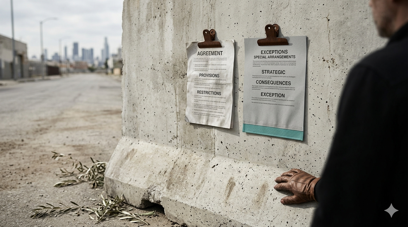 A person views documents labeled "Agreement" and "Exceptions" on a concrete barrier blocking a desolate street with a city skyline in the background.