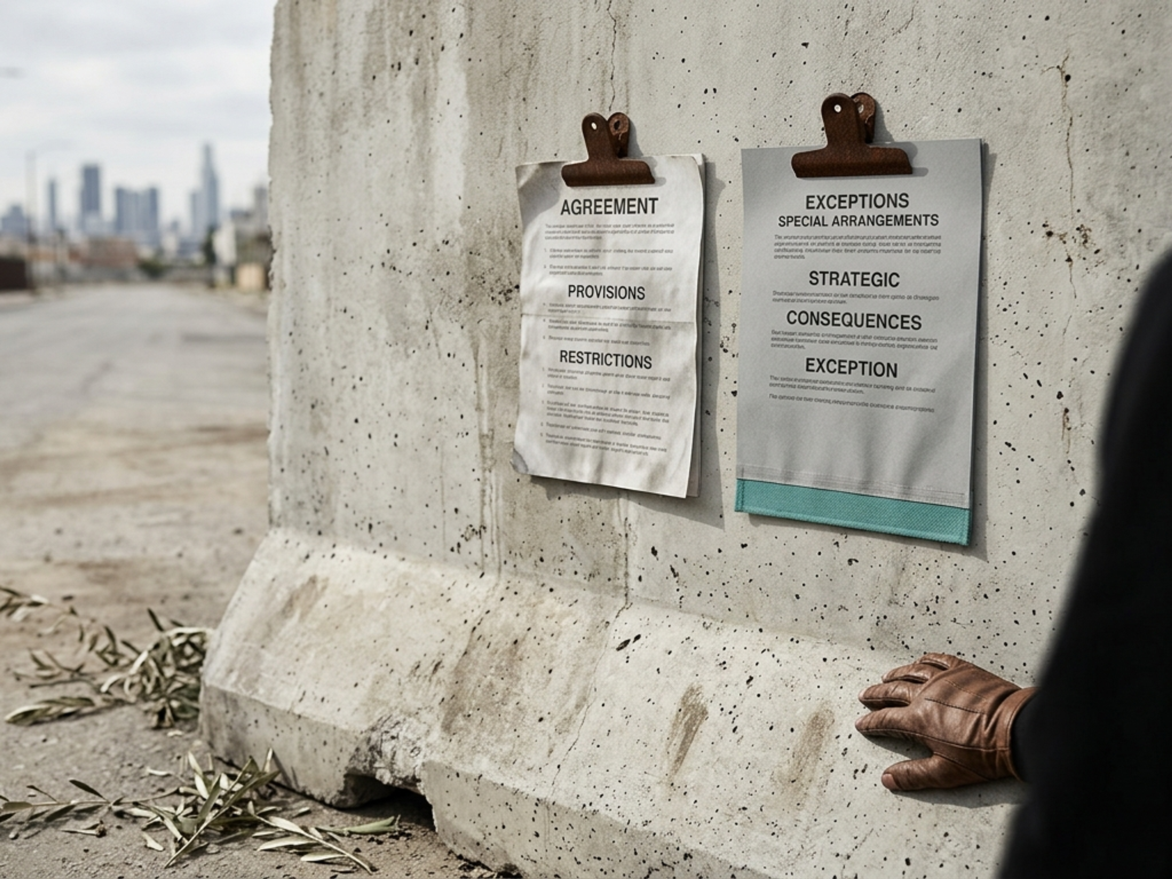 A person views documents labeled "Agreement" and "Exceptions" on a concrete barrier blocking a desolate street with a city skyline in the background.