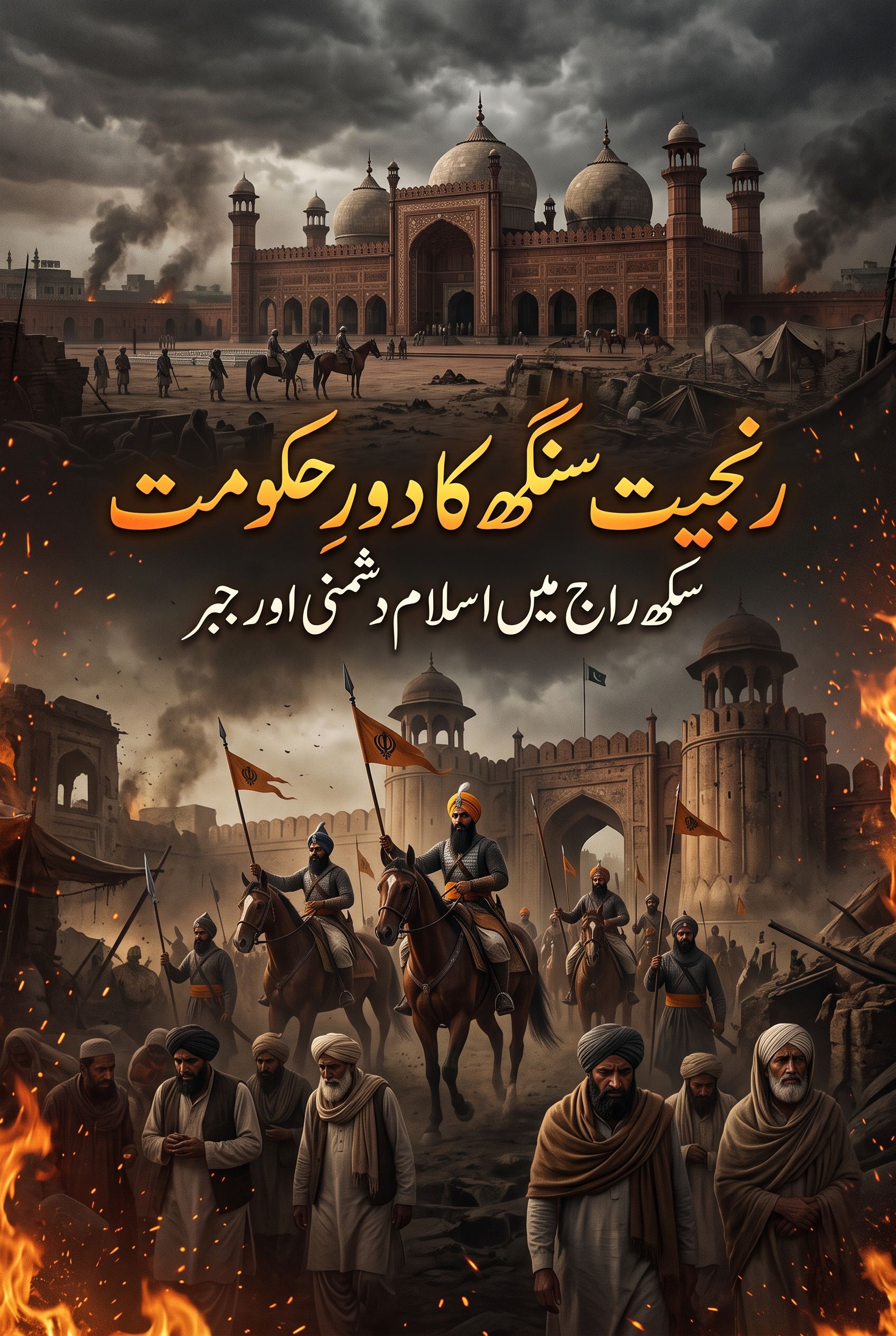 An illustration depicting Sikh warriors on horseback, with flags, riding through a burning, destroyed city with a grand mosque in the background, as distressed people walk through fires in the foreground. Urdu text states "Ranjit Singh's era of government, Sikh rule, enmity against Islam and oppression."