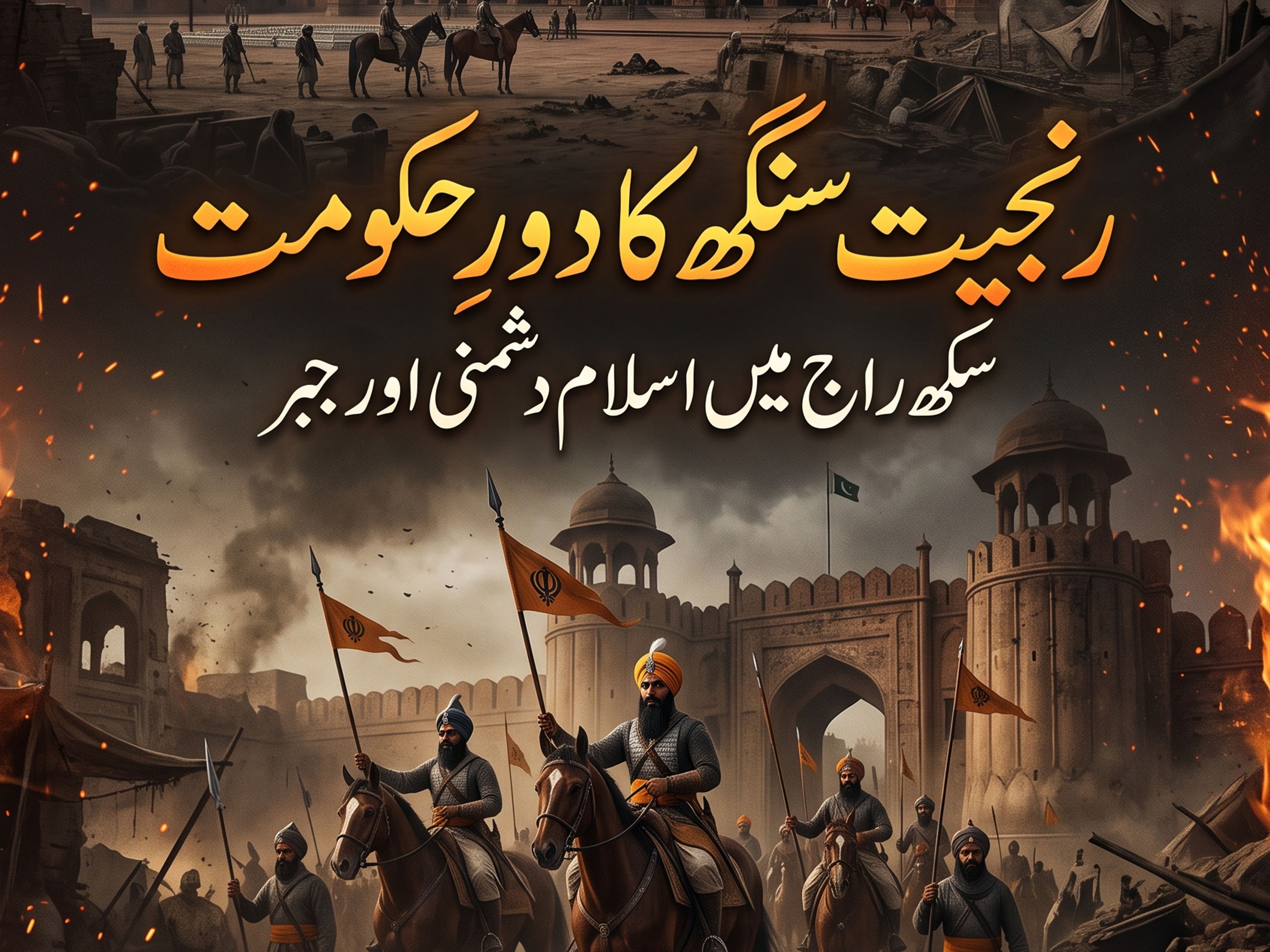 An illustration depicting Sikh warriors on horseback, with flags, riding through a burning, destroyed city with a grand mosque in the background, as distressed people walk through fires in the foreground. Urdu text states "Ranjit Singh's era of government, Sikh rule, enmity against Islam and oppression."