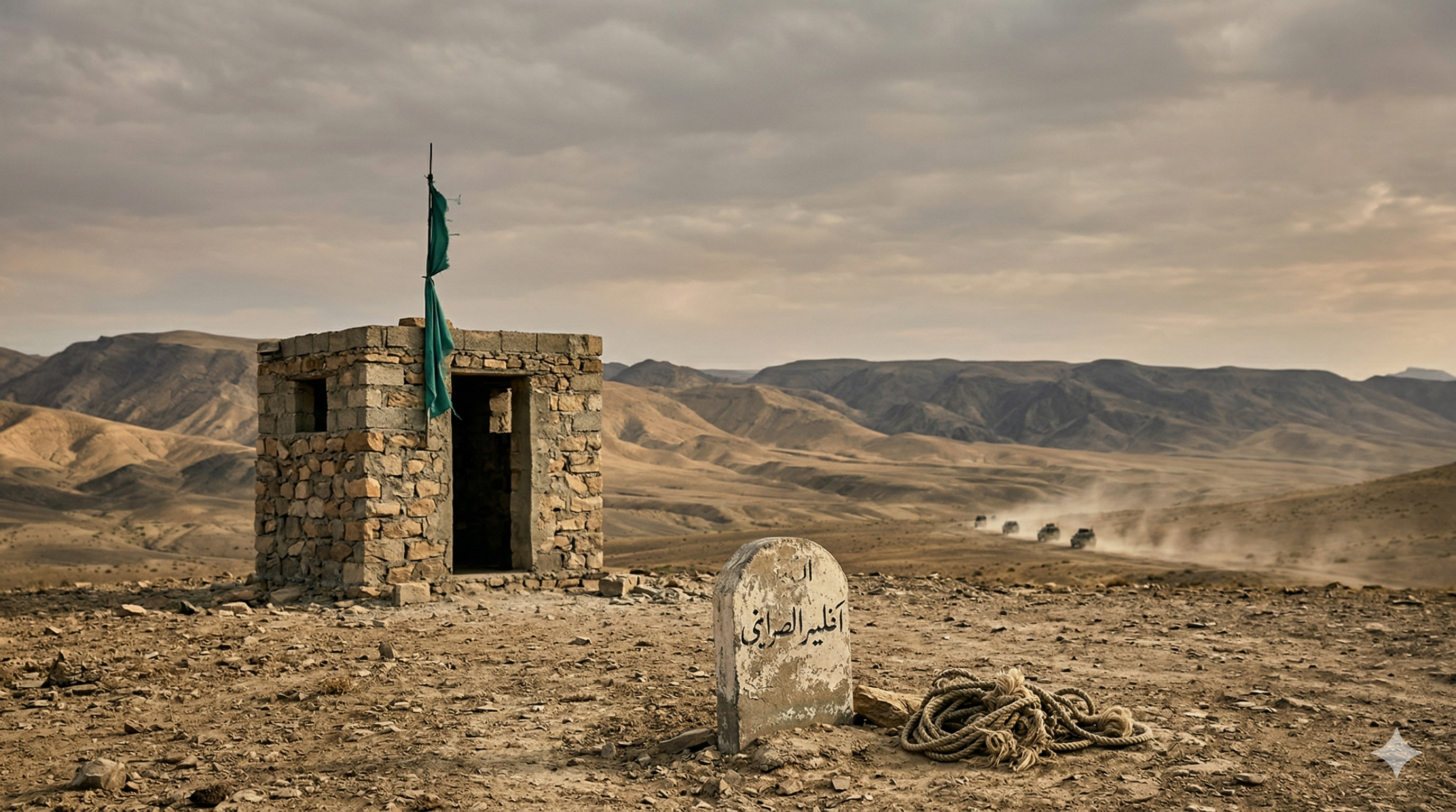 A stone hut with a green flag and an Arabic marker in a barren mountain desert, with vehicles kicking up dust in the distant valley.