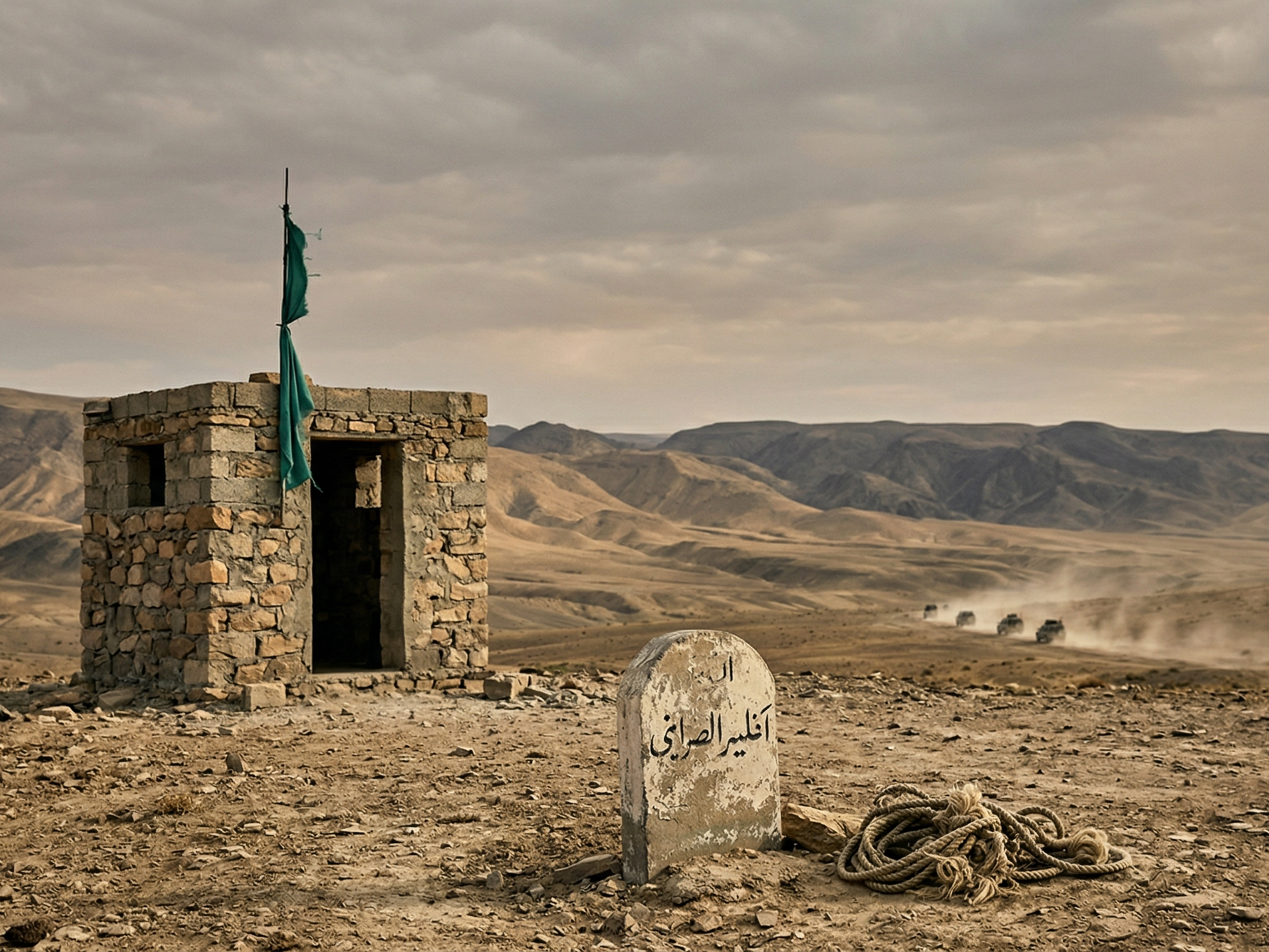 A stone hut with a green flag and an Arabic marker in a barren mountain desert, with vehicles kicking up dust in the distant valley.