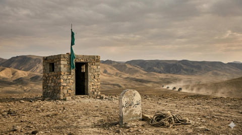 A stone hut with a green flag and an Arabic marker in a barren mountain desert, with vehicles kicking up dust in the distant valley.