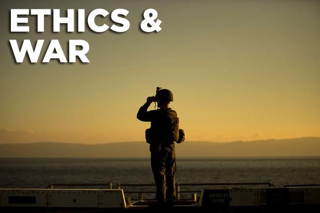 The words "ETHICS & WAR" above a soldier's silhouette looking through binoculars at a golden sunset over water.