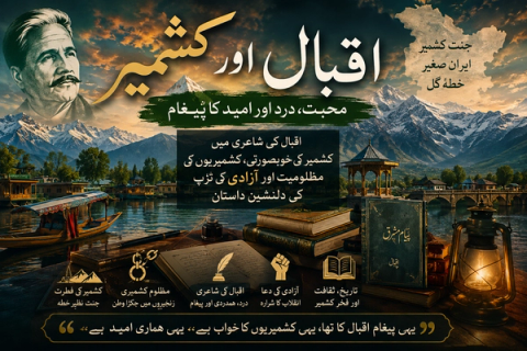 Muhammad Iqbal's portrait superimposed on a picturesque Kashmir landscape with a lake and mountains, featuring symbolic icons of poetry, oppression, and freedom, and Urdu text about Kashmir.