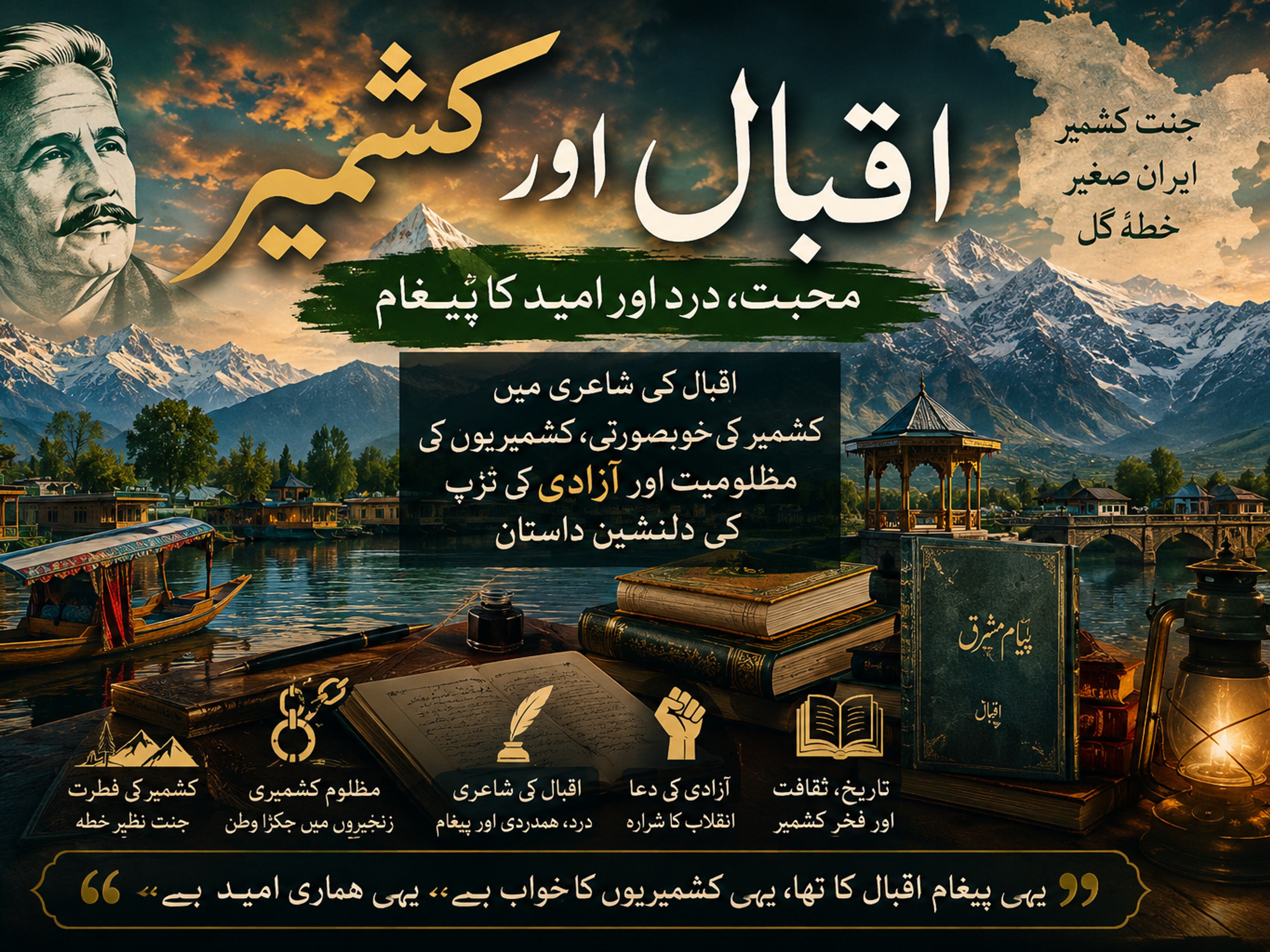 Muhammad Iqbal's portrait superimposed on a picturesque Kashmir landscape with a lake and mountains, featuring symbolic icons of poetry, oppression, and freedom, and Urdu text about Kashmir.